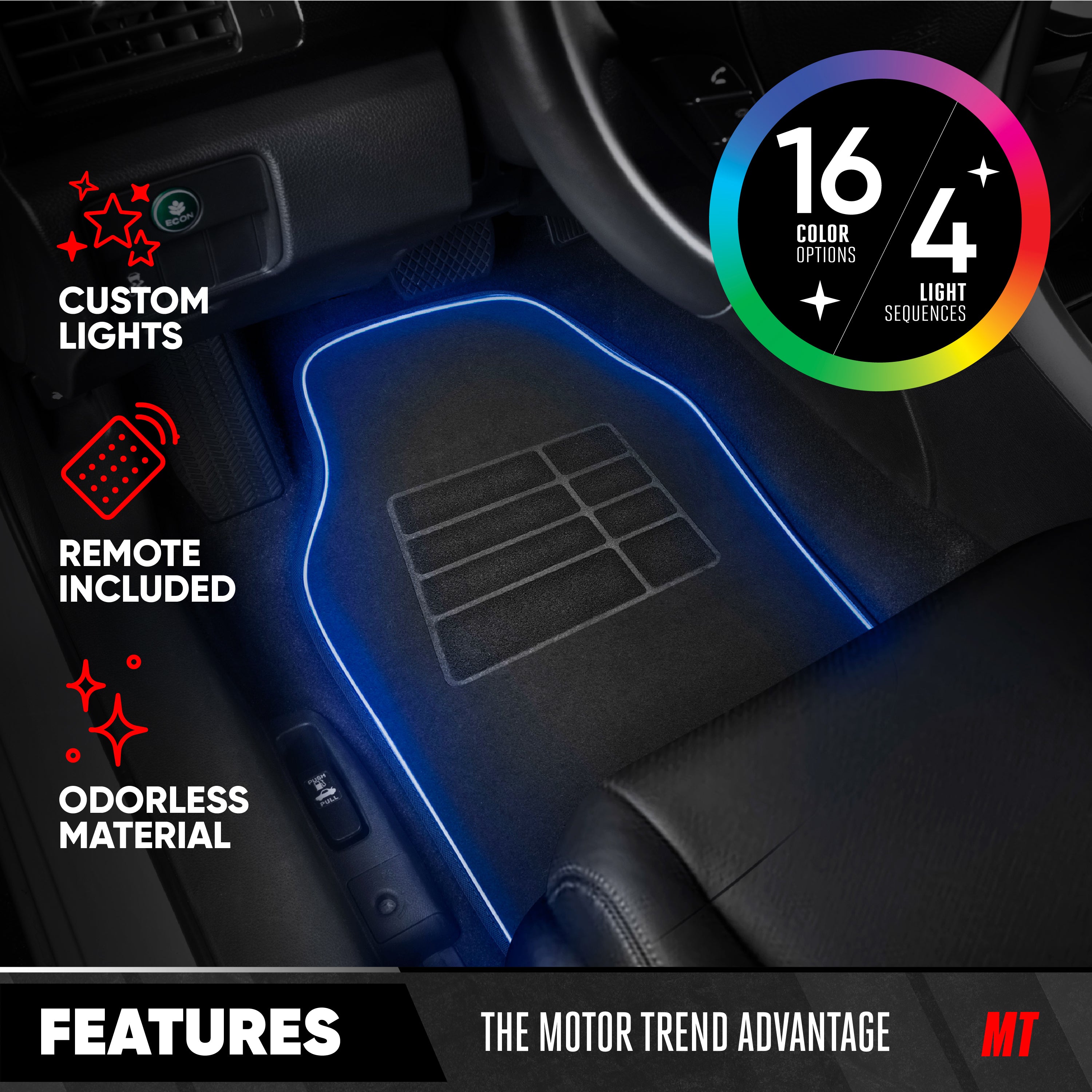 MotorTrend 2-Piece RGB LED Front Floor Mats, 16 Colors 4 Light Modes