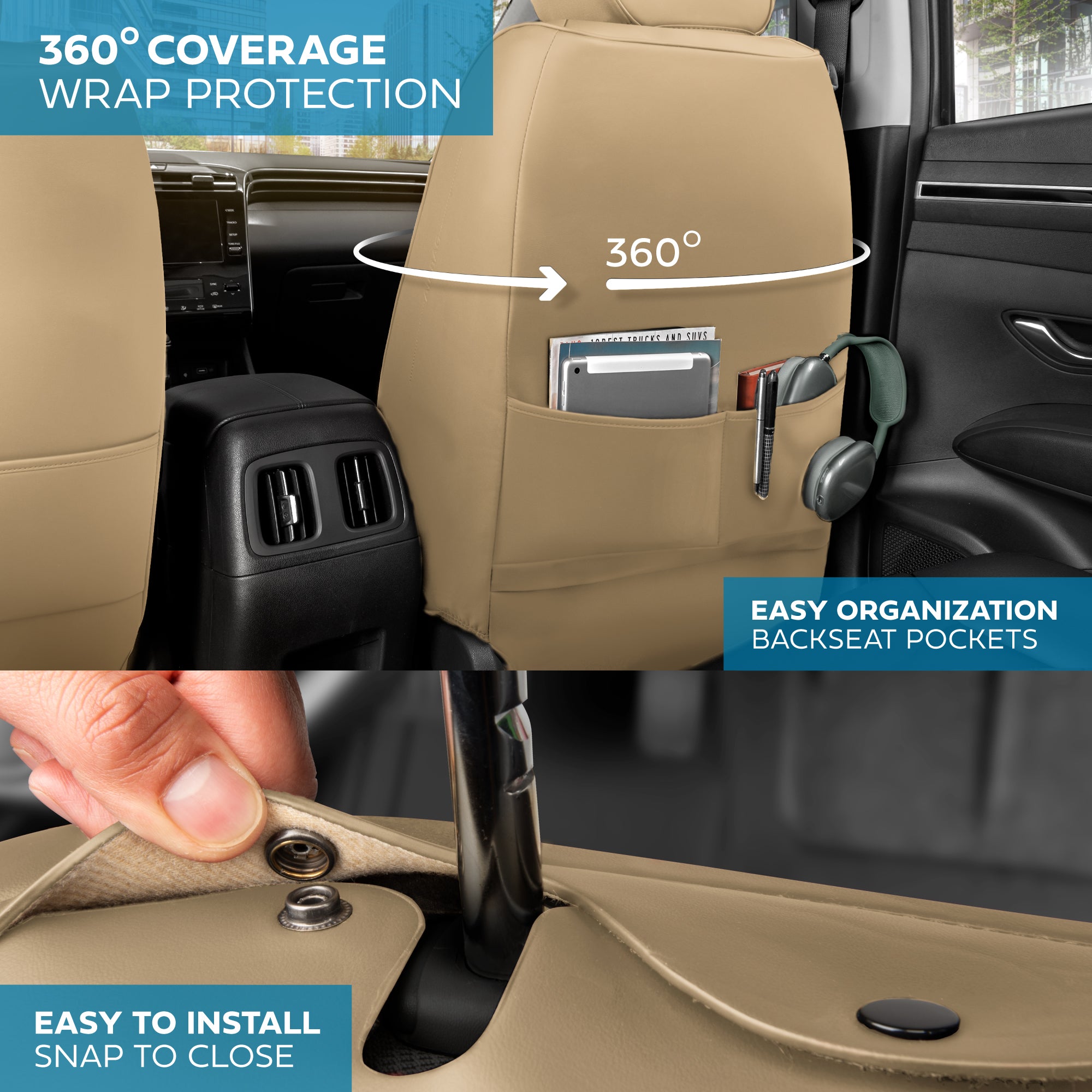 MotorBox Prestige Edition Faux Leather Seat Covers for Cars, Trucks, & SUV – 2 Beige Car Seat Covers for Front Seats - Universal Fit Car Accessories Automotive Interior Protector for Most Vehicles