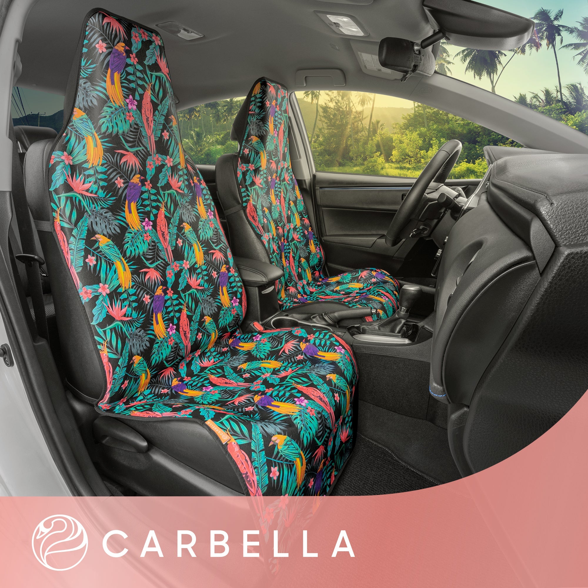 Carbella Turquoise Tropical Birds Car Seat Covers, 2 Pack Birds & Palm Leaves Front Seat Covers for Cars Trucks SUV, Car Accessories for Women