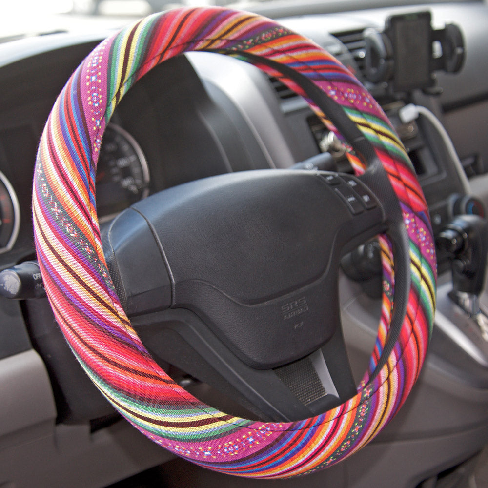BDK Pink Woven Boho Bohemian Hippie Saddle Blanket Style Steering Wheel Cover for Women - Fits Most Standard Wheel Sizes 14.5 - 15 inch Woven Style - Light Stripes