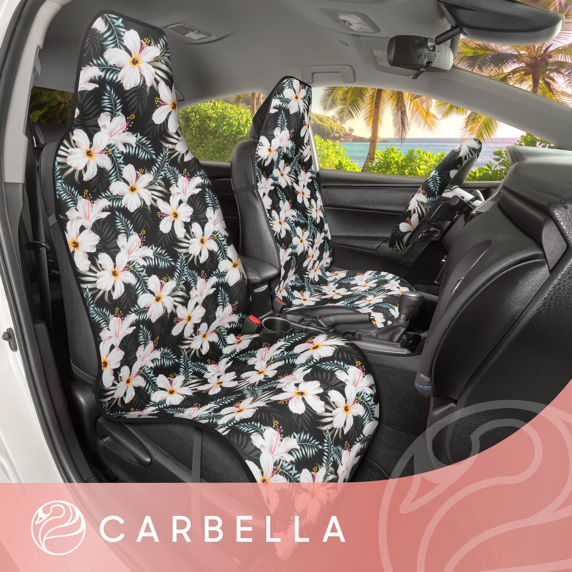 Carbella Tropical Floral Car Seat Covers, 2 Pack White Lily & Palm Leaves Front Seat Covers for Cars with Matching Steering Wheel Cover, for Trucks Van SUV, Car Accessories for Women