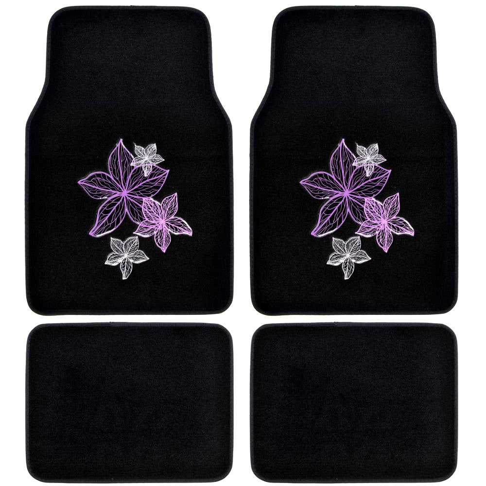 Pretty Rugs Gift Pack - Matching Flowers Design - Black Carpet Floor Mats w/ Synthetic Leather Grip Steering Wheel Cover