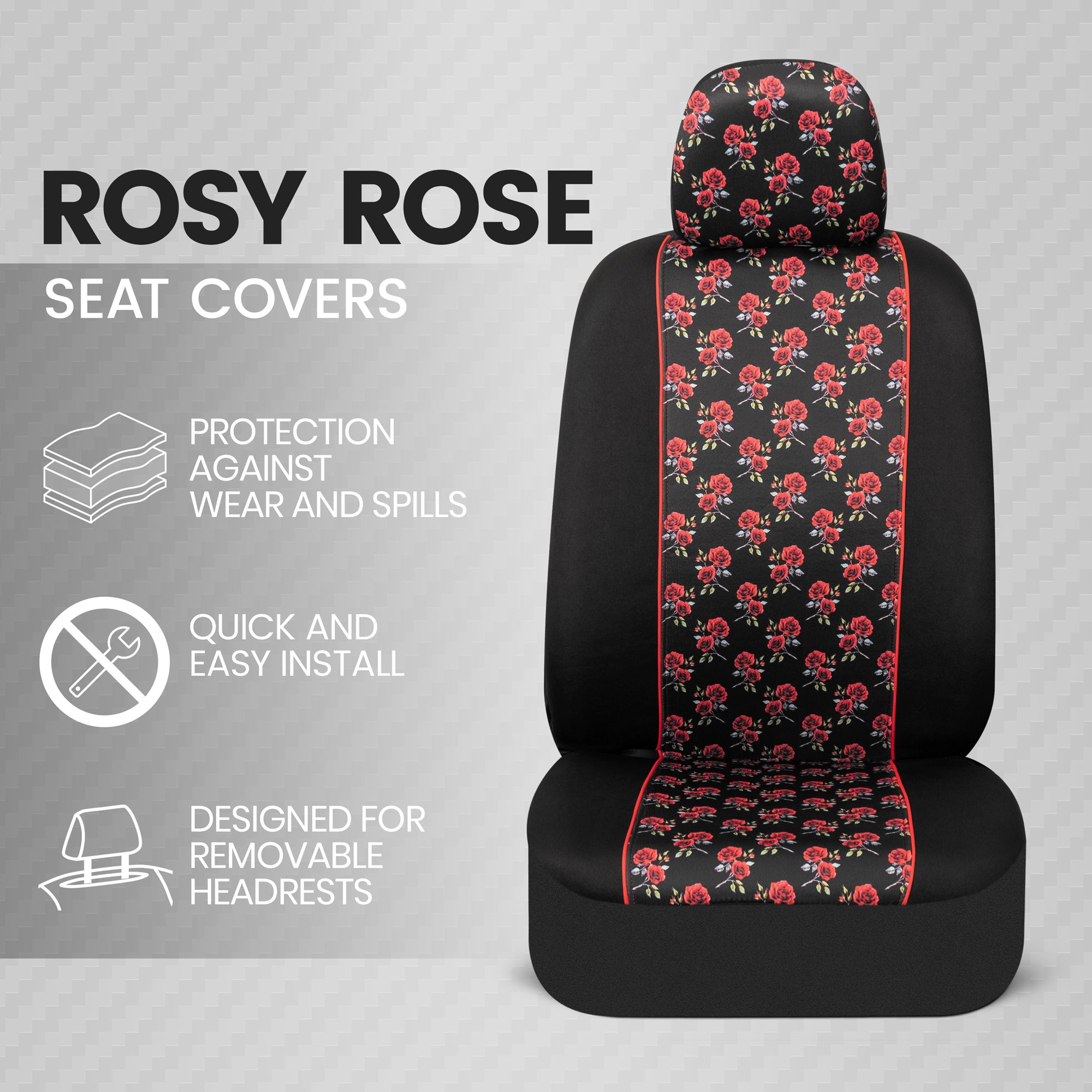 BDK Red Rose Car Seat Covers for Front Seats, 2 Pack – Flower Pattern Front Seat Cover Set with Matching Headrest, Sideless Design for Easy Installation, Fits Most Car Truck Van and SUV