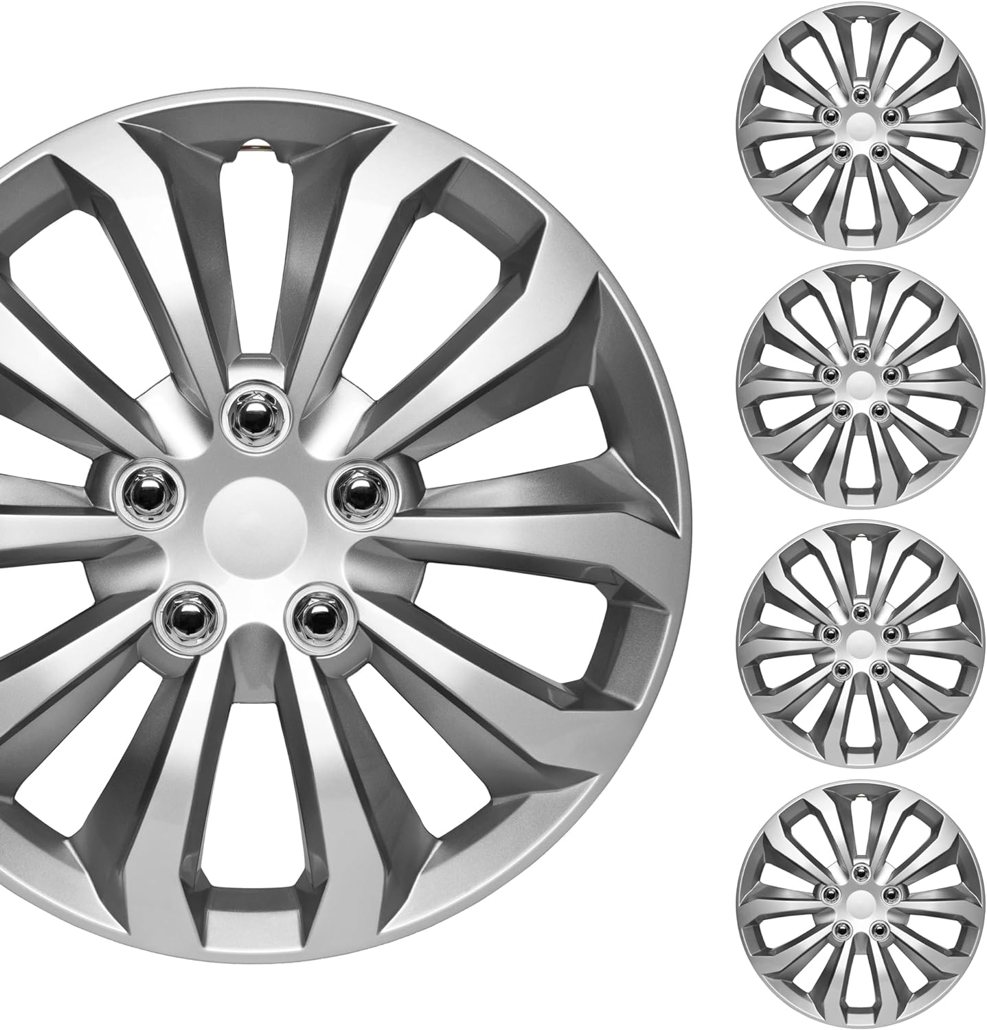 BDK 4-Pack Premium 16" Silver and Gunmetal Universal Fit Hubcap Covers for Wheels and Rims (10 spokes) - Replacement, Snap On, OEM Style