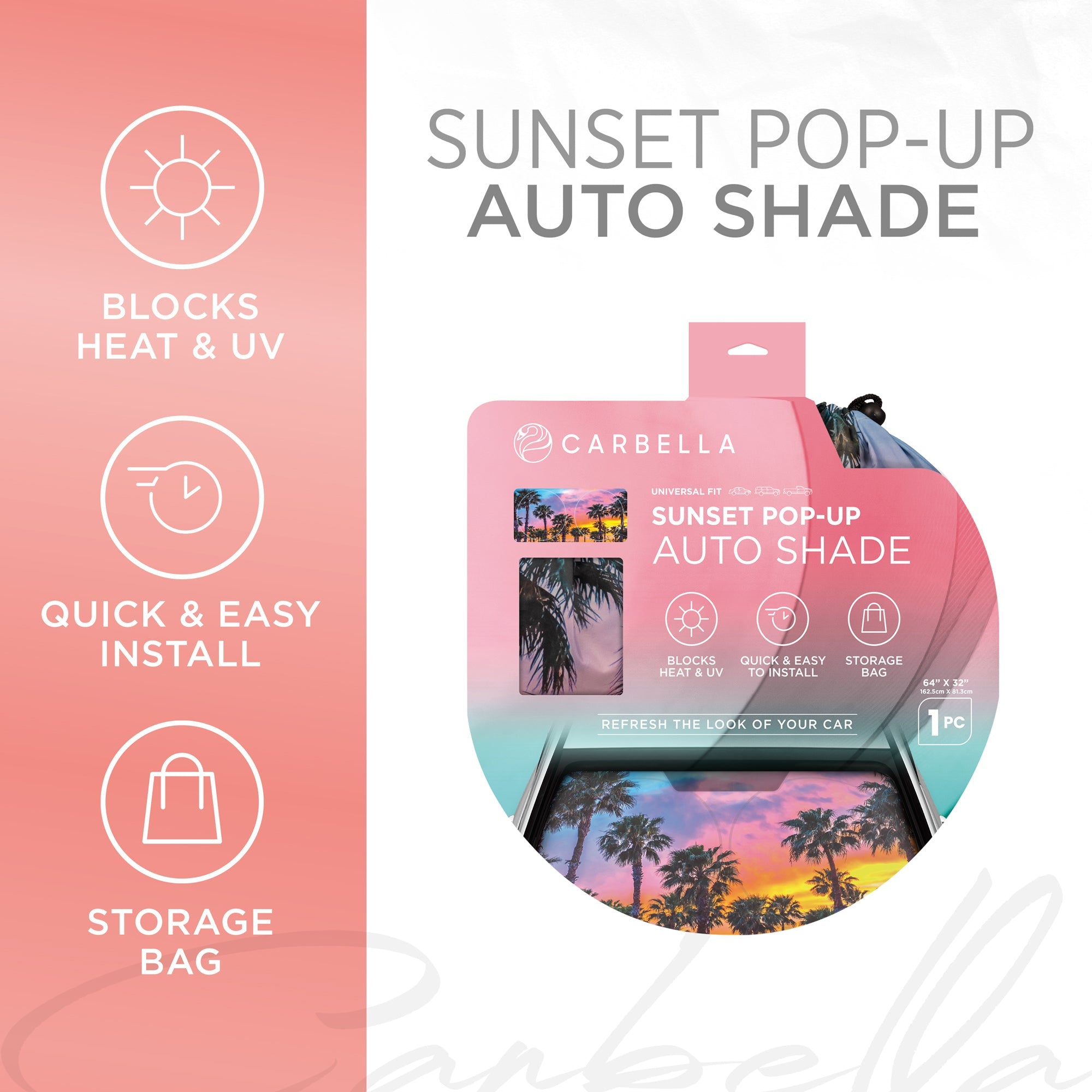 Carbella Sunset Palm Trees Front Windshield Sunshade XXL (64" x 32")