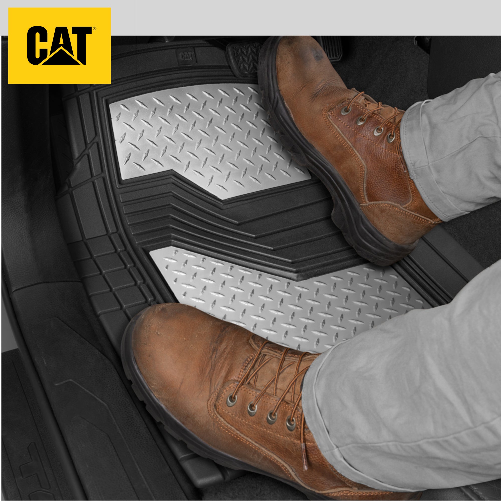 Cat® Heavy Duty Black & Silver Rubber Floor Mats All Weather for Car Truck SUV & Van Total Protection Durable Trim to Fit Liners - Black/Silver:#E3E3E3