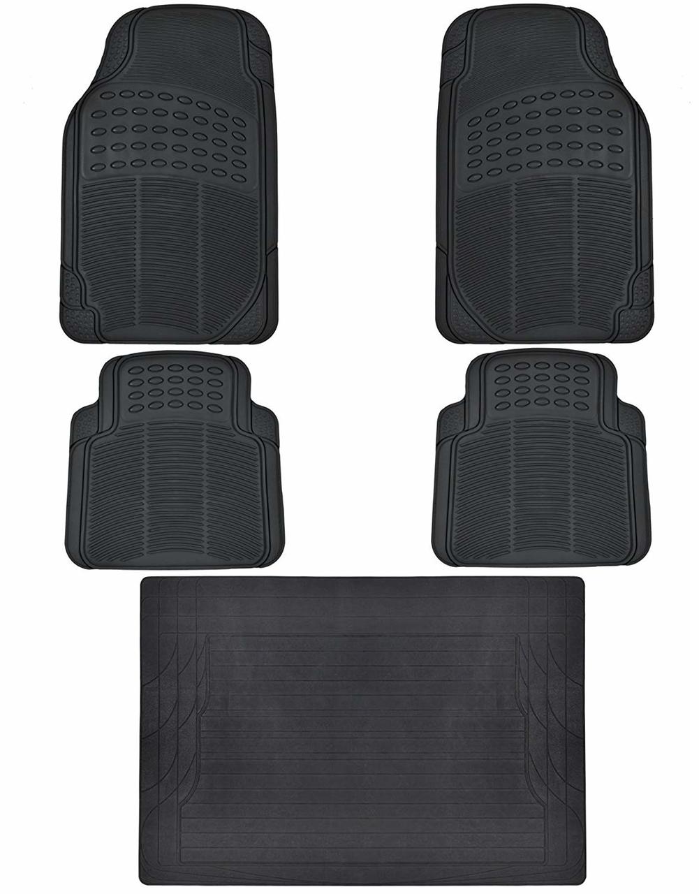 5-Piece Rubber Car Floor Mats - Classic Ribs 'n Nibs Front Rear & Trunk Liner - All Weather Heavy Duty - Black:#000000