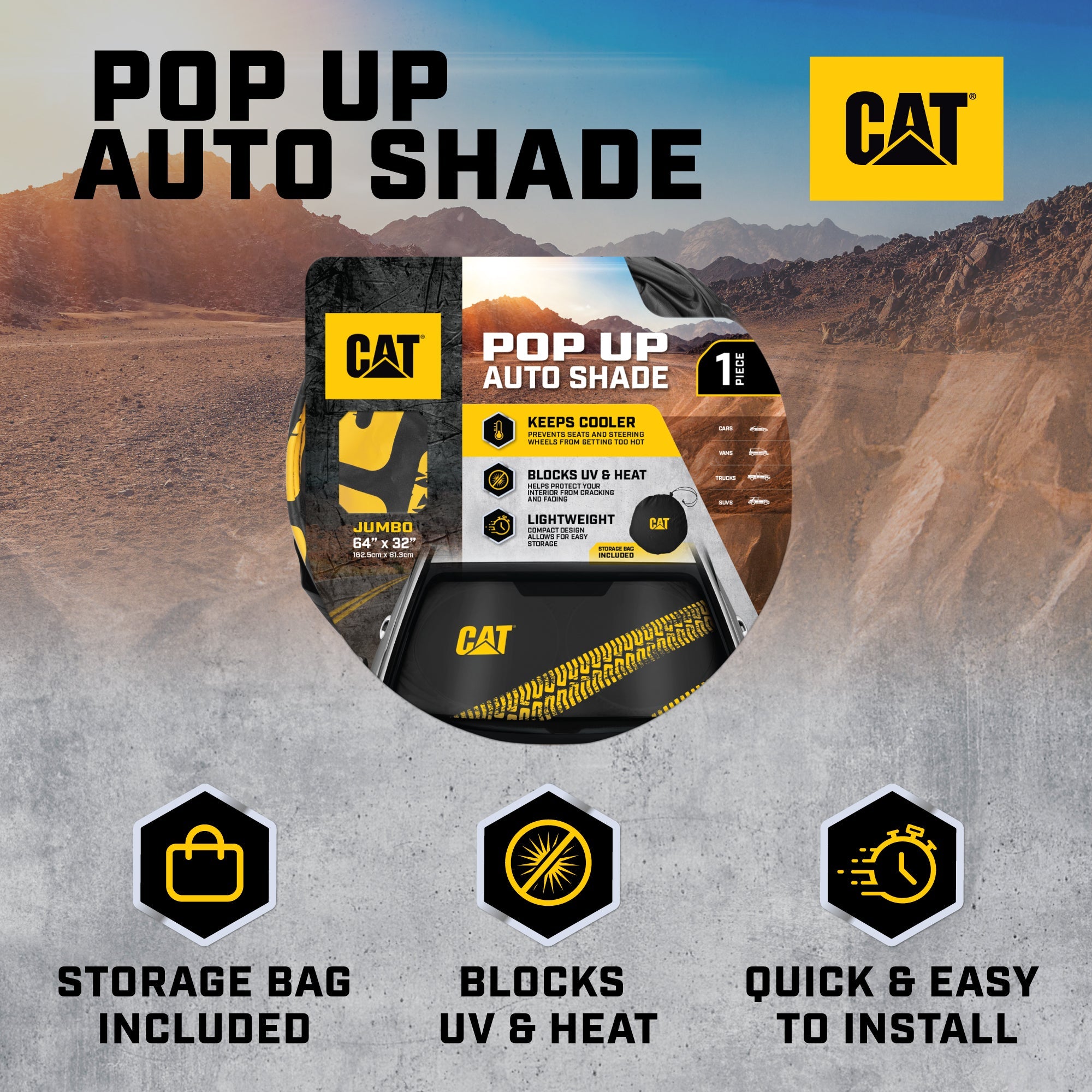 Cat Auto Shade for Car/Truck Windshield Pop-Up Sunshade UV Reflective Sun Shade Black with Yellow Tire Tracks – Jumbo Size 64” x 32”