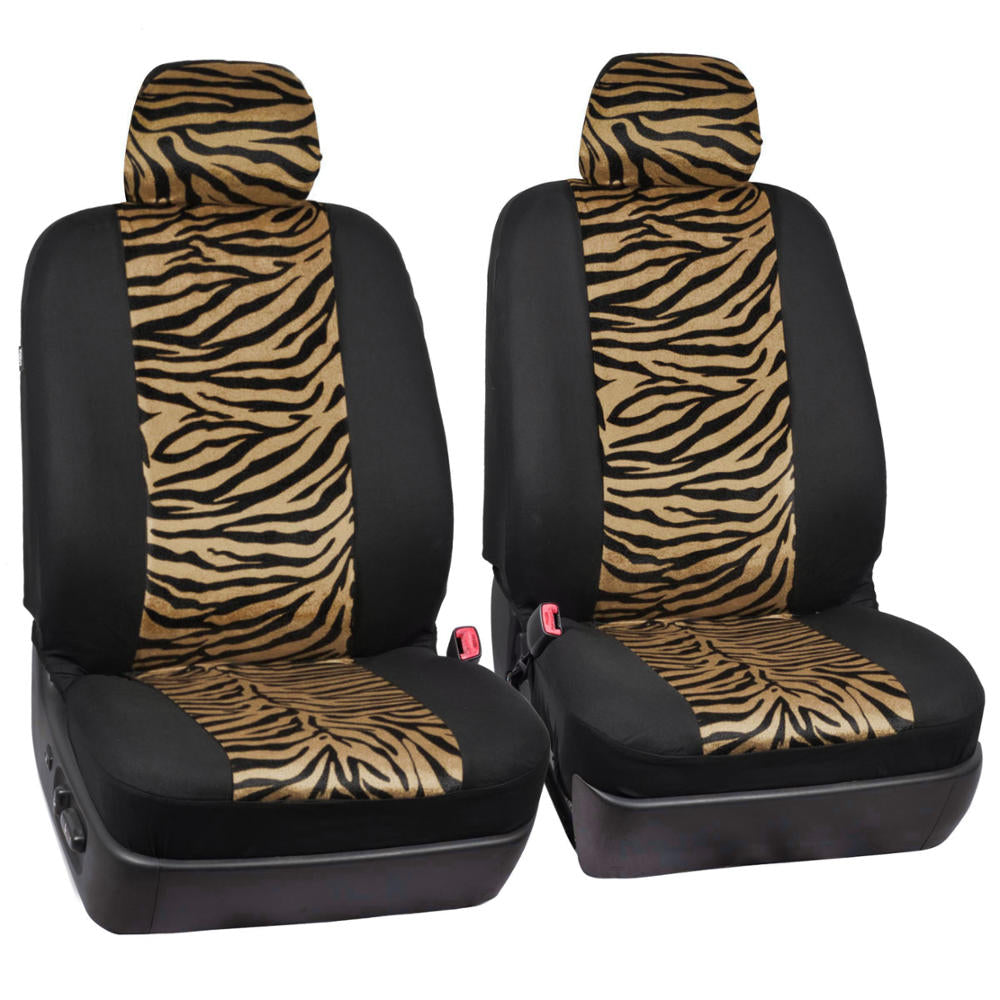 carXS Zebra Print Car Seat Covers Full Set, Includes Matching Seat Belt Pads and Steering Wheel Cover, Two-Tone Animal Print Beige Seat Covers for Cars for Women, Car Seat Protector Interior Covers