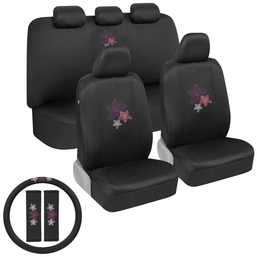 BDK 12-piece Hawaiian Flowers Front Seat Covers, Rear Seat Covers, Seat Belt Pads, and Steering Wheel Cover (Fits 14.5" - 15.5")