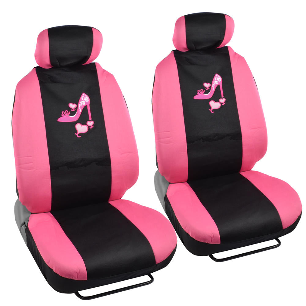 BDK 12-Piece Hot Pink Heels Front Seat Covers, Rear Seat Covers, Seat Belt Pads, and Steering Wheel Cover (Fits 14.5" - 15.5")