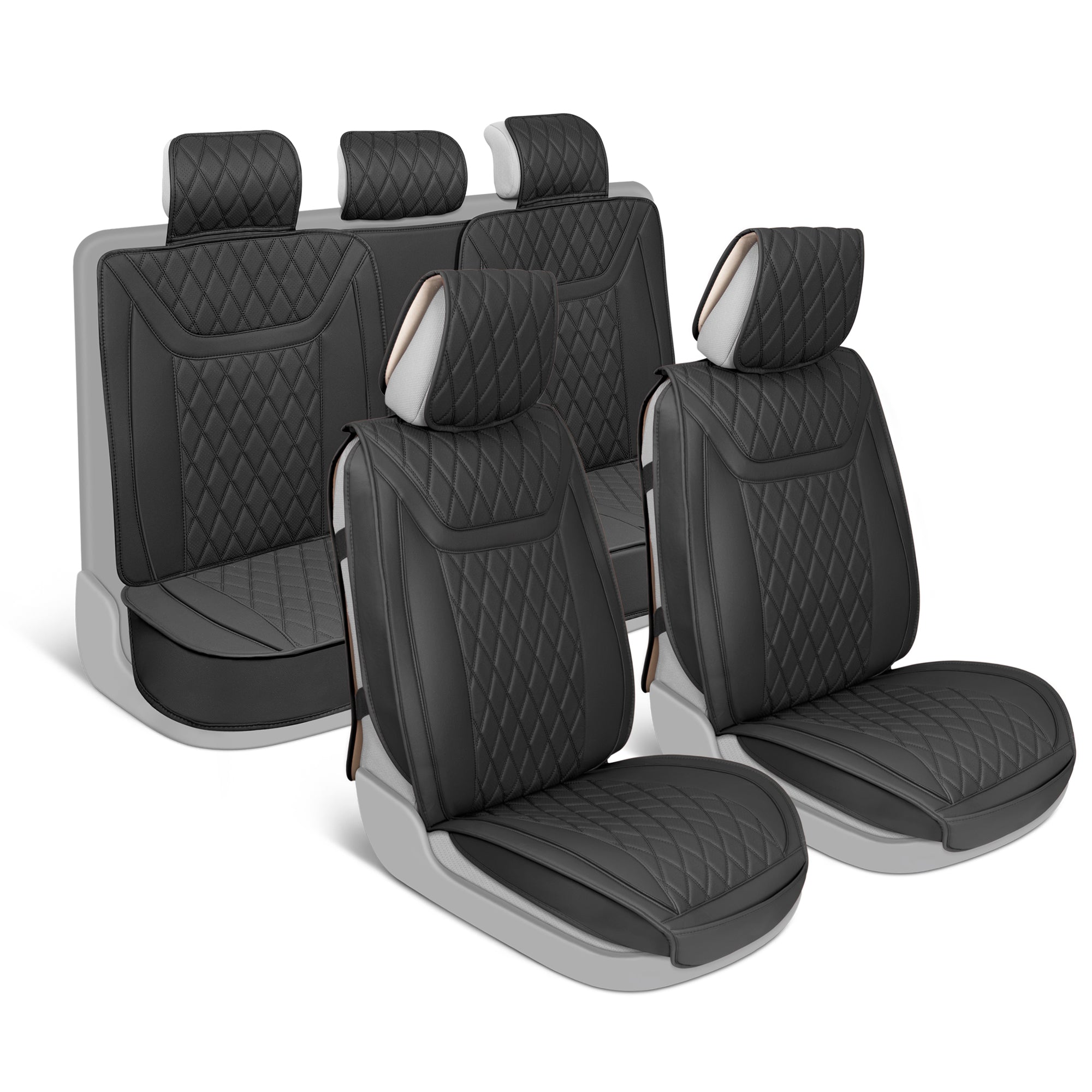 MotorBox Car Seat Covers – Ranch Leatherette Faux Leather Black Seat Covers for Car – Diamond Stitched Cushioned Seat Protectors for Automotive Accessories, Trucks, SUV, Car – Full Set - Black