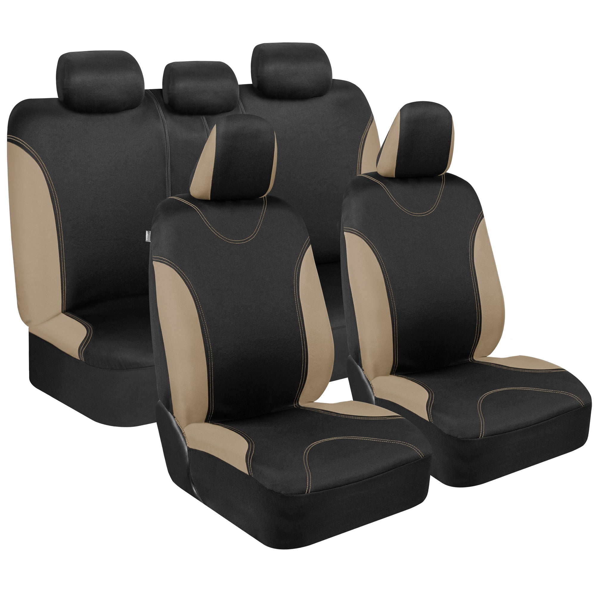 BDK UltraSleek Beige Seat Covers for Cars Full Set, Two-Tone Front Seat Covers with Matching Back Seat Cover, Stylish Car Seat Protectors with Split Bench Design, Automotive Interior Covers - Beige:#C9B27D