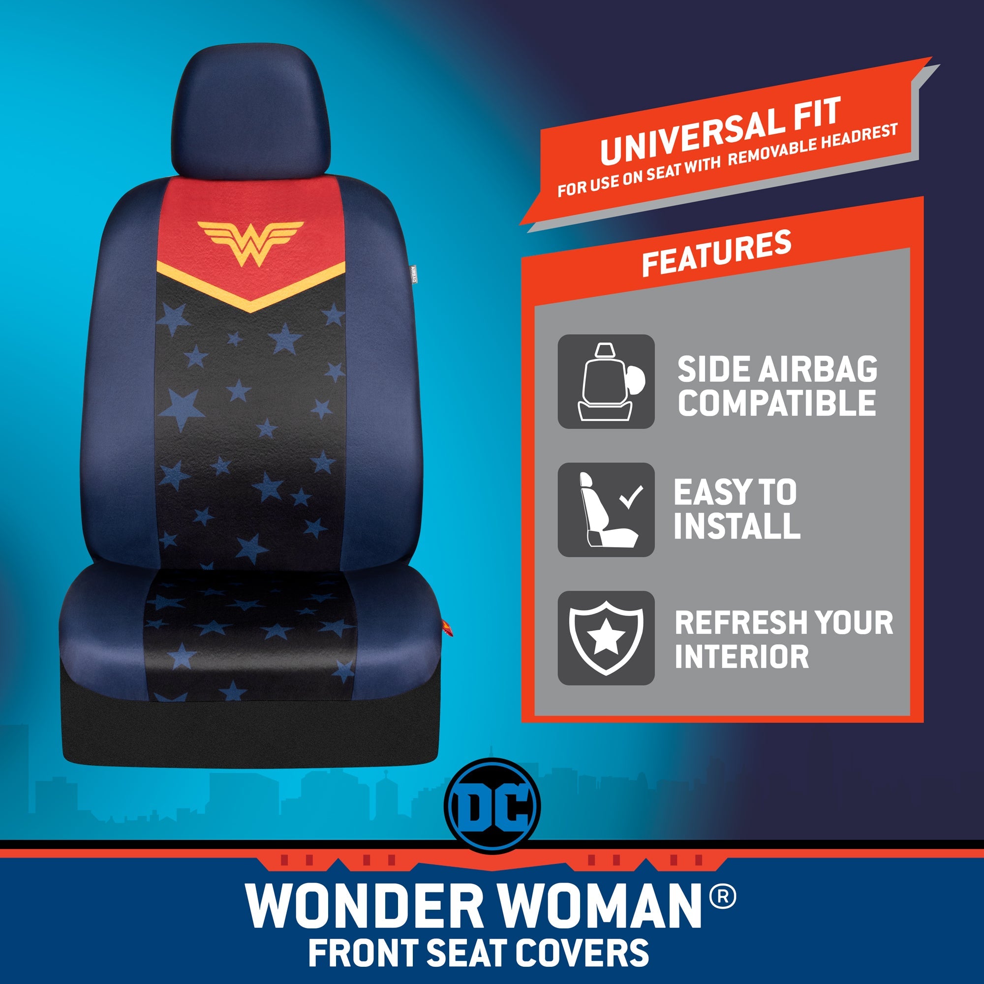 Warner Bros DC Comics 6-Piece Wonder Woman Front Seat Covers and Seat Belt Pads