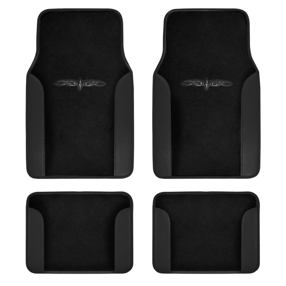 BDK 4-Piece Design Print Carpet Front Floor Mats and Rear Floor Mats - Black