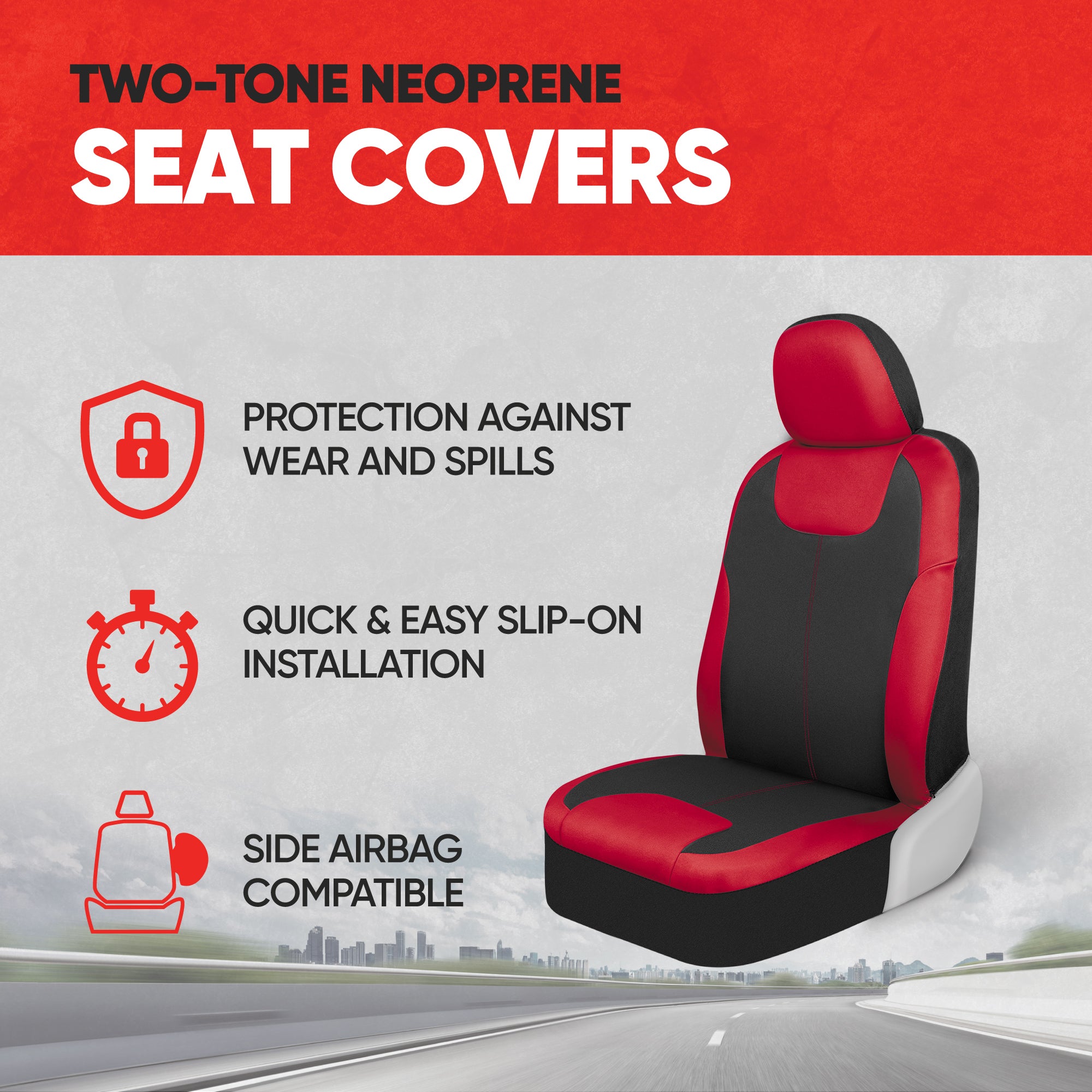 MotorTrend 2-Pack Premium Two-Tone Neoprene Front Seat Covers - Red/Black