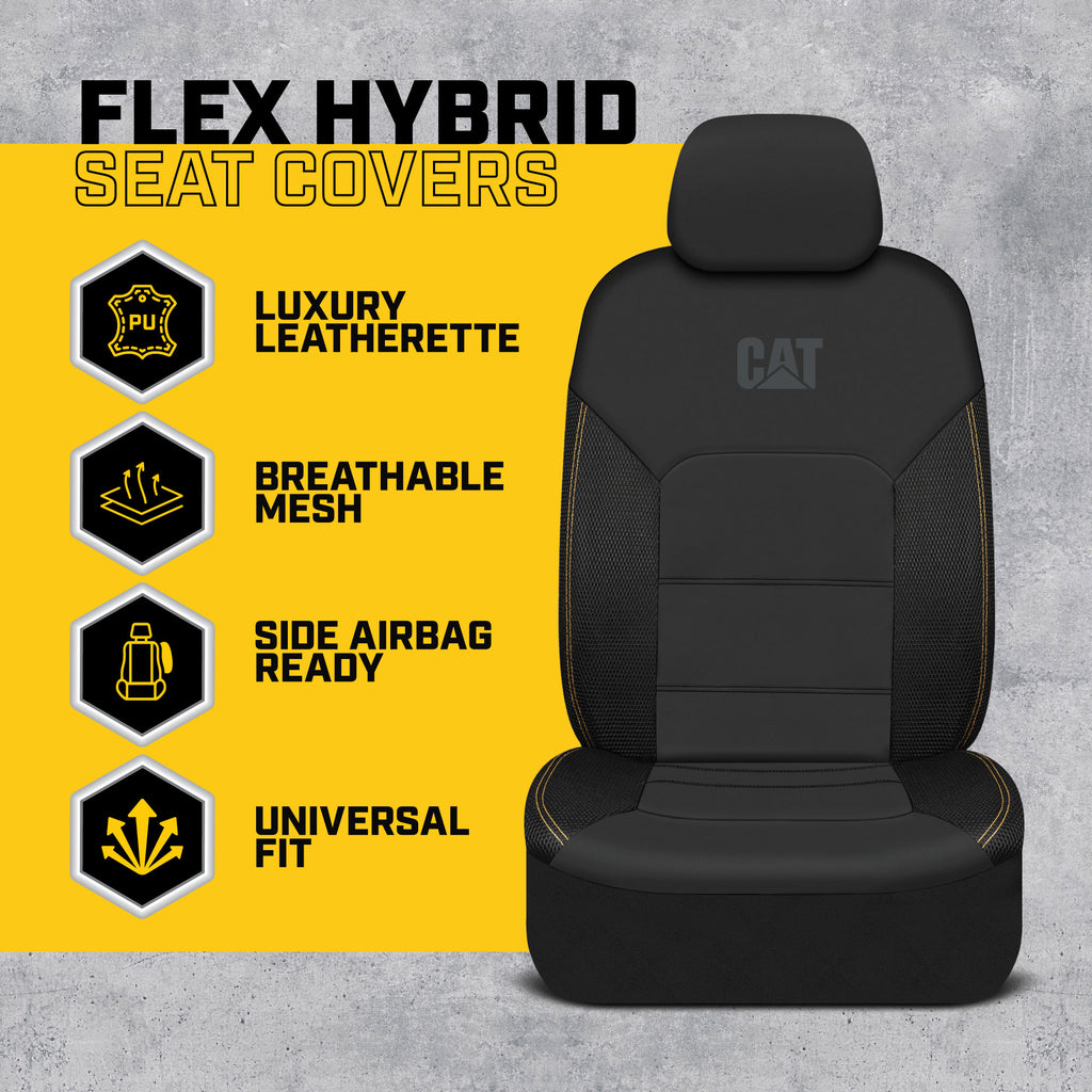 Cat FlexHybrid Black Car Seat Covers PU + Mesh Breathable Heavy Duty PU Leather & 3D Mesh 2-Piece Automotive Protectors