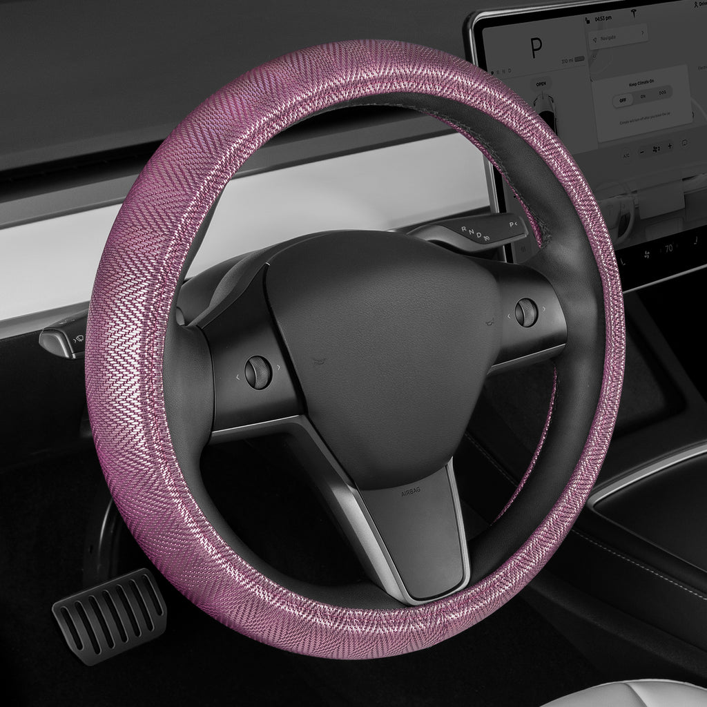 Carbella Purple Steering Wheel Cover, Standard 15 Inch Size Fits Most Vehicles, Cute Shiny Bling Car Steering Wheel Cover with Herringbone Detail, Car Accessories for Women