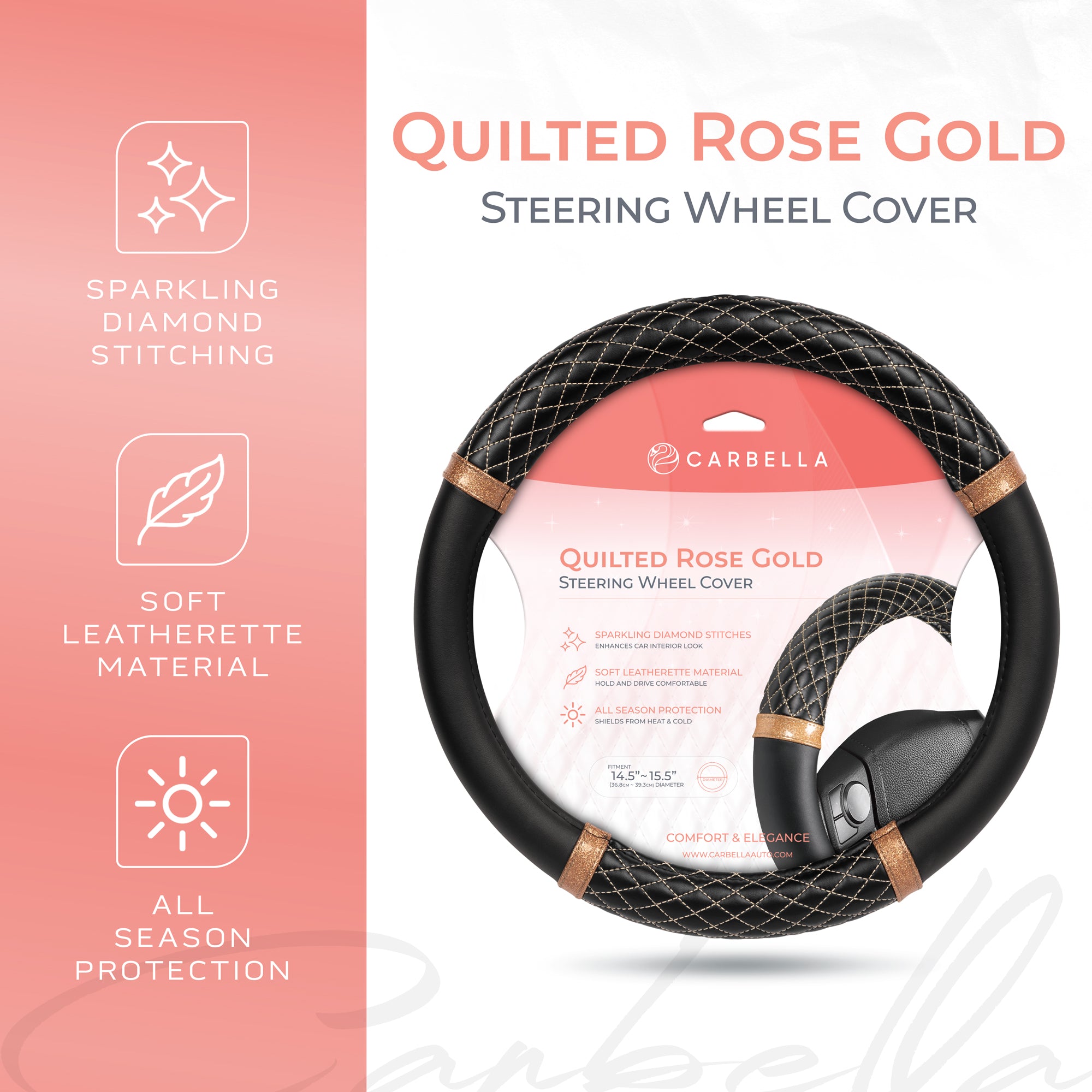 Carbella Rose Gold Quilted Steering Wheel Cover - Elegant Craft 15" Steering Cover for Cars, Trucks, SUV Accessories Accent