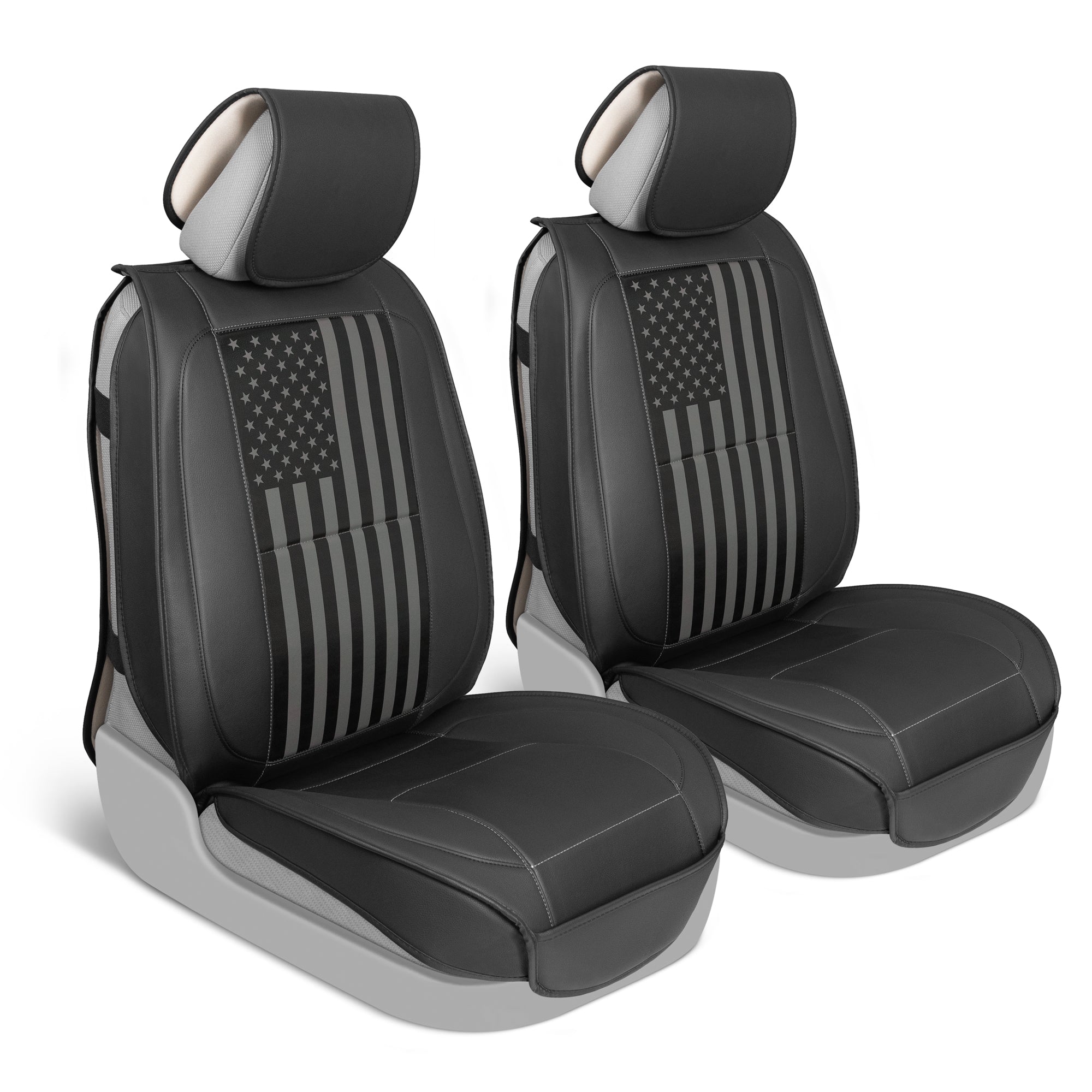 MotorBox Patriot Edition Faux Leather Black & Dark Gray Seat Covers for Car –Black/White US Flag on Cushioned Seat Protectors for Automotive Accessories, Trucks, SUV, Car – Two Front Covers