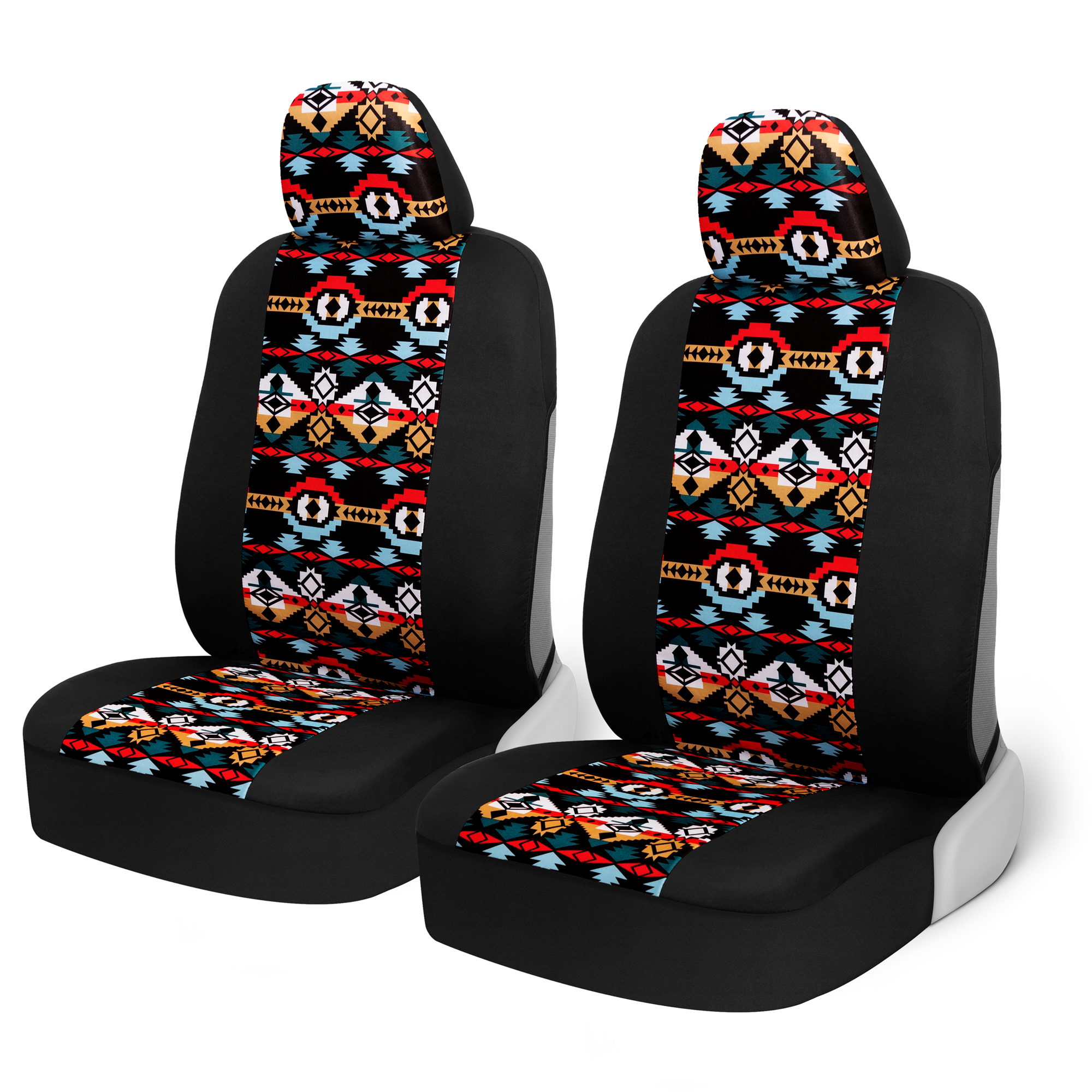 BDK Blue Aztec Car Seat Covers for Front Seats, 2 Pack – Geometric Print Front Seat Cover Set with Matching Headrest, Sideless Design for Easy Installation, Universal Fit for Car Truck Van and SUV