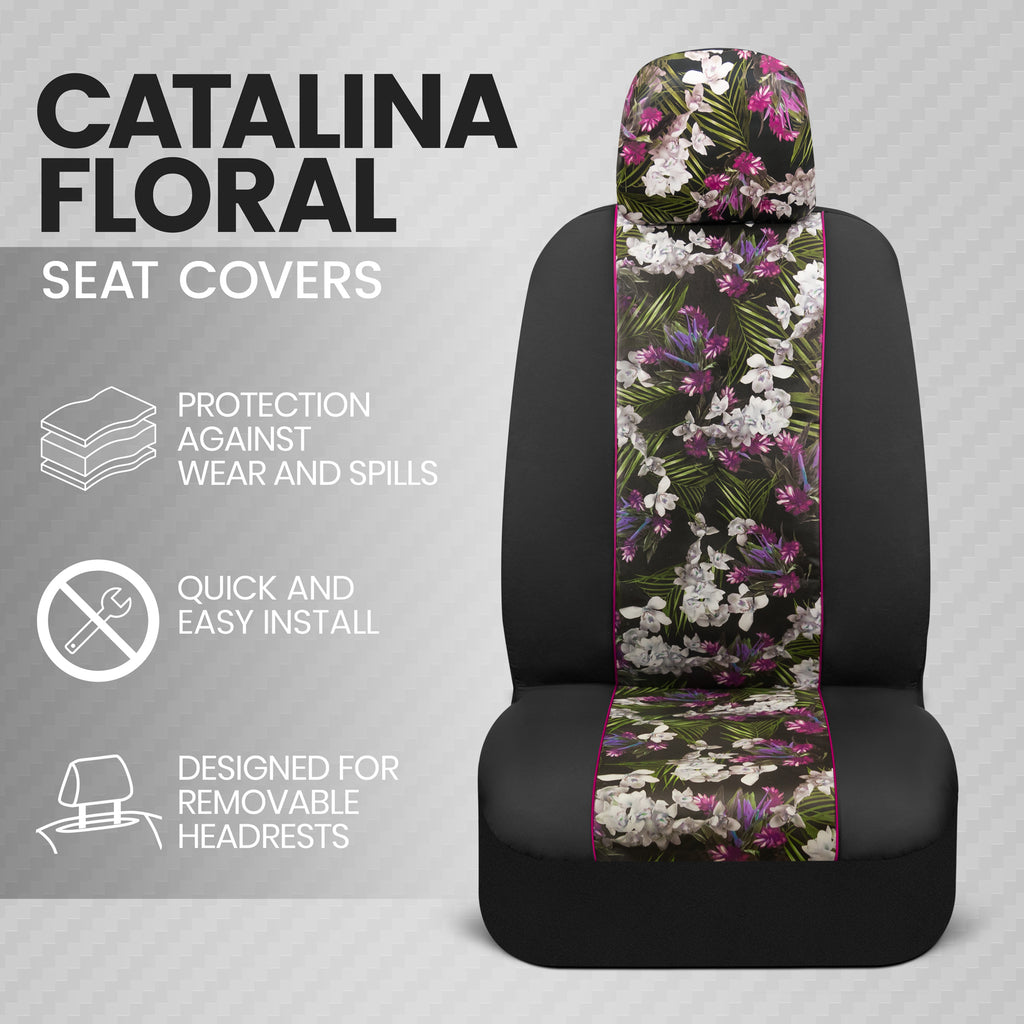 BDK Pink Flower Faux Leather Car Seat Covers for Front Seats, 2 Pack – Floral Pattern Front Seat Cover Set with Matching Headrest, Easy Installation, Fits Most Car Truck Van and SUV