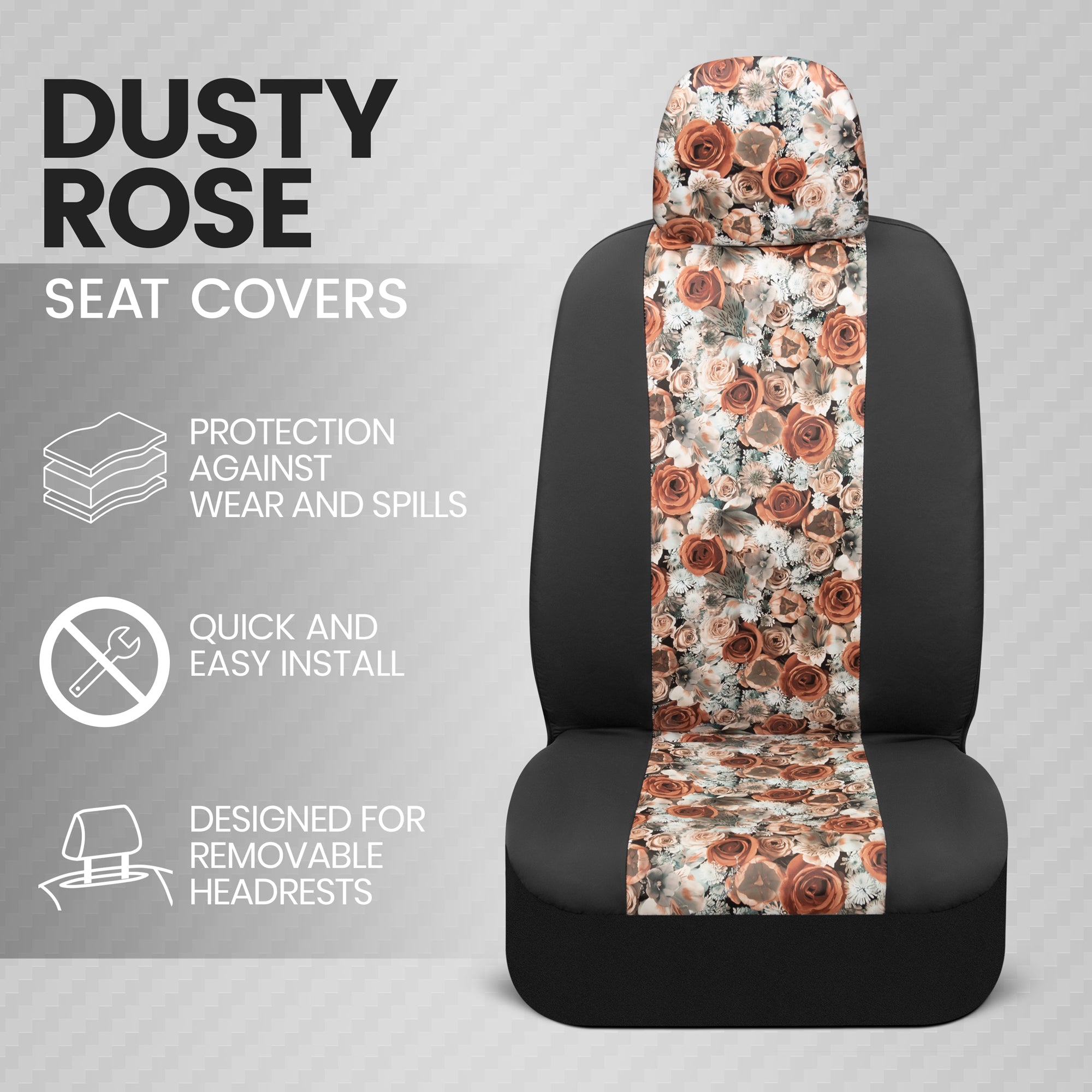 BDK Dusty Rose Floral Faux Leather Car Seat Covers for Front Seats, 2 Pack – Flower Pattern Front Seat Cover Set, Sideless Design for Easy Installation, Fits Most Car Truck Van and SUV