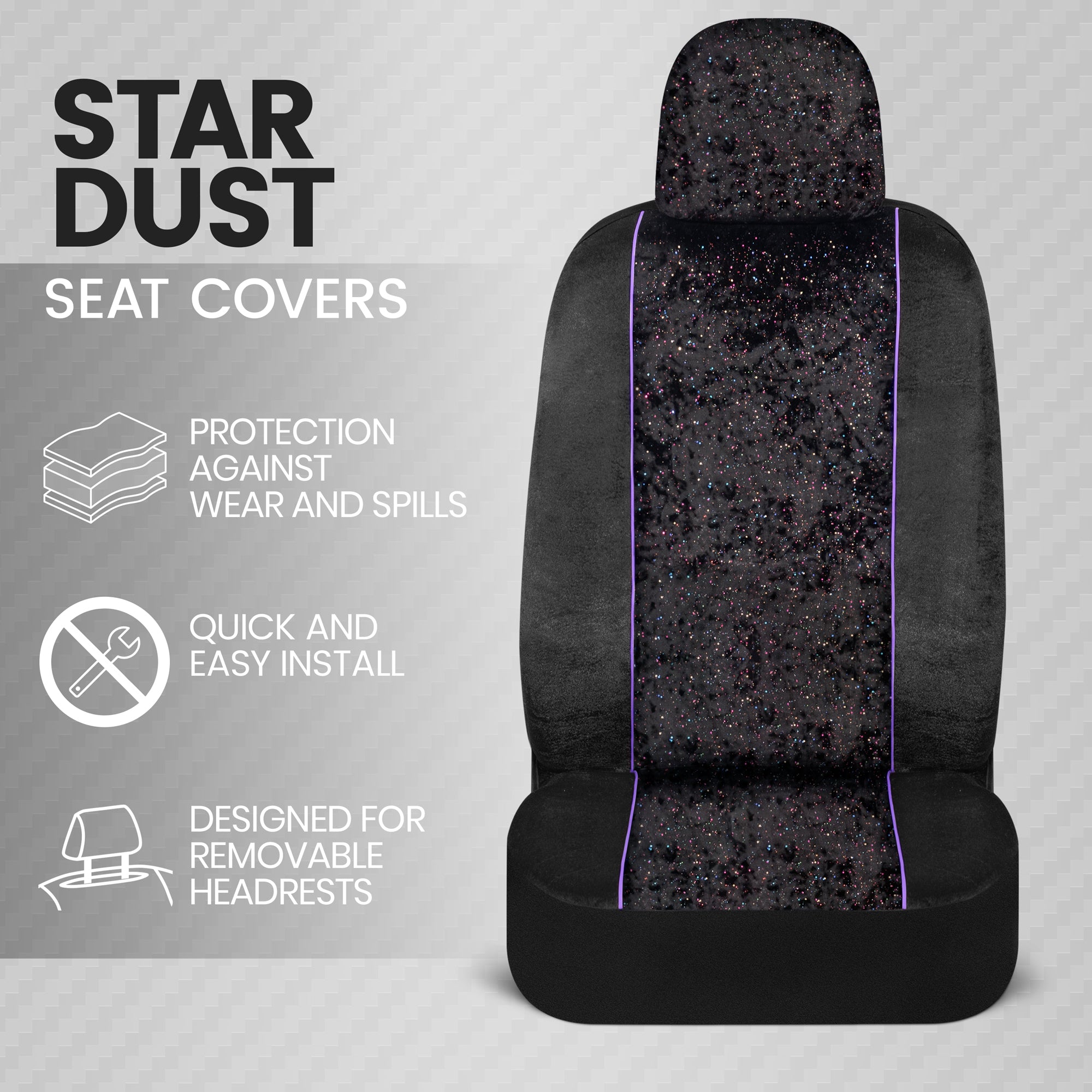 BDK Black Stardust Car Seat Covers for Front Seats, 2 Pack – Glitter Pattern Front Seat Cover Set with Matching Headrest, Sideless Design for Easy Installation, Fits Most Car Truck Van and SUV