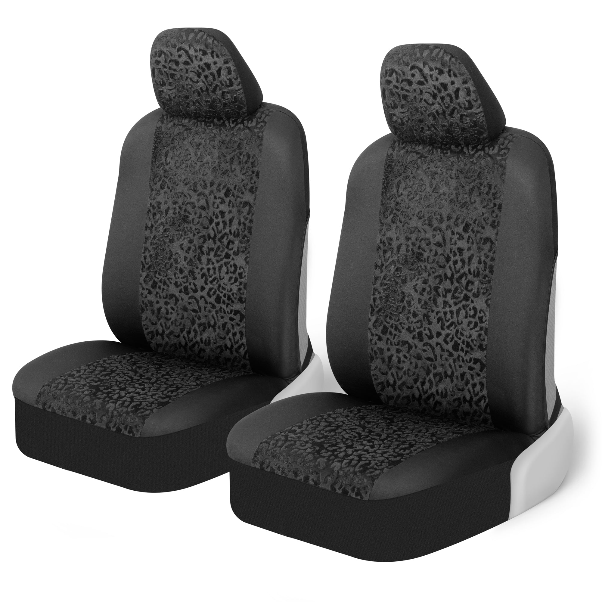 BDK Black Leopard Car Seat Covers for Front Seats, 2 Pack – Animal Print Front Seat Cover Set with Matching Headrest, Sideless Design for Easy Installation, Fits Most Car Truck Van and SUV