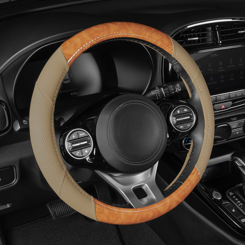 BDK BurlwoodLux Wood Grain and PU Leather Black Steering Wheel Cover - Sport Grip for Car Auto SUV Trucks