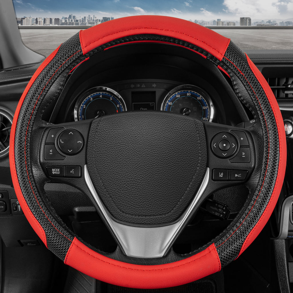 Motor Trend GripTech Sport Red Steering Wheel Cover - Enhanced Traction and Comfort for Car, Truck, Van, SUV - 15 inch, Two-Tone Design