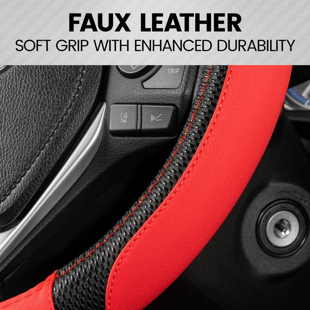 Motor Trend GripTech Sport Red Steering Wheel Cover - Enhanced Traction and Comfort for Car, Truck, Van, SUV - 15 inch, Two-Tone Design
