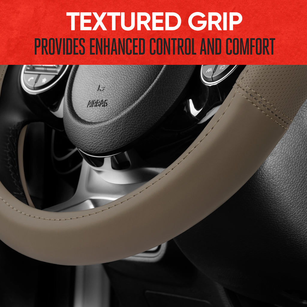 Soft Touch Leather Gray Steering Wheel Cover with Grooves, Advanced Traction Universal Fit for Standard Sizes 14.5 15 15.5 inches