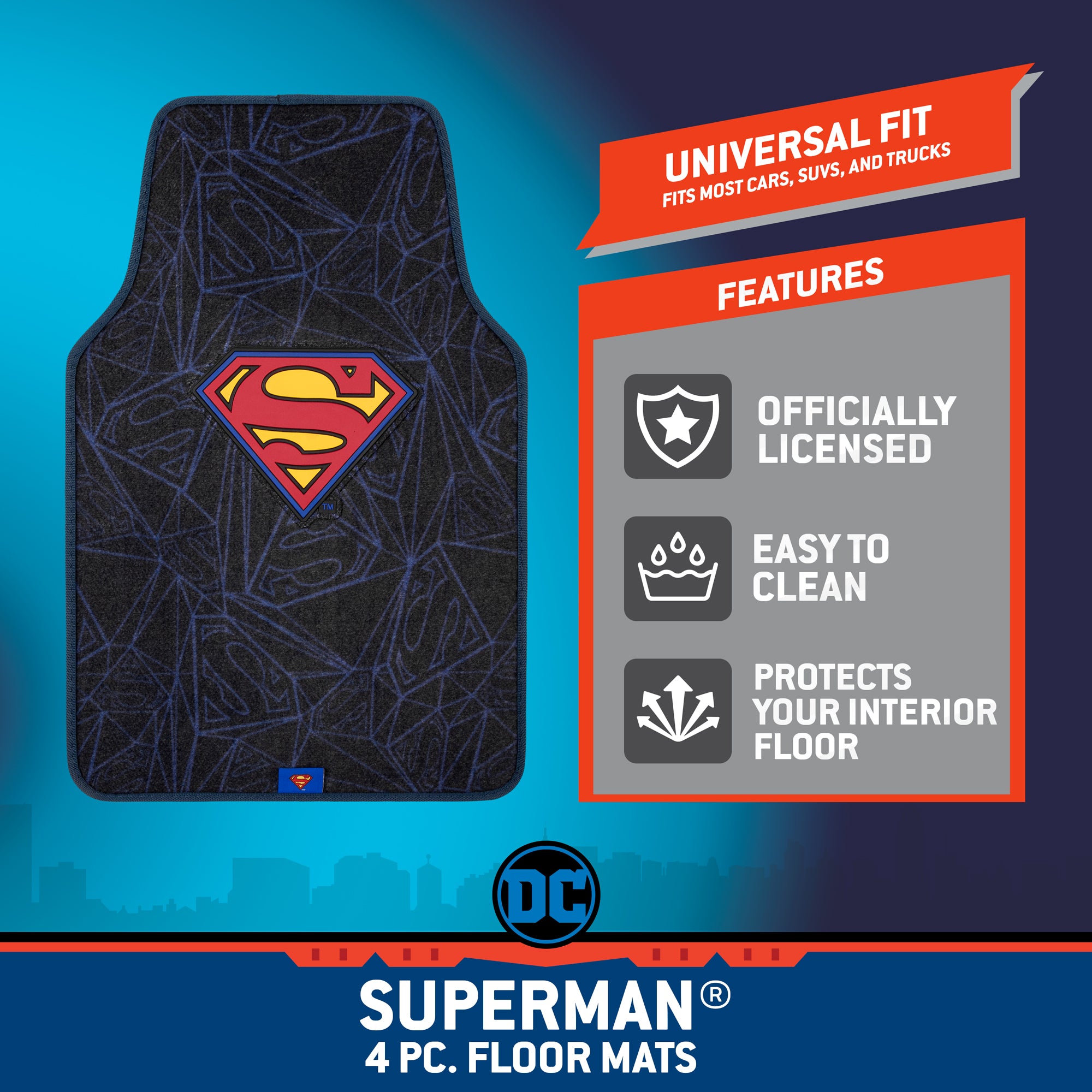 Superman Carpet Car Floor Mats, DC Comics Design, for Car, Truck, SUV - Comfortable, No Slip Nib Backing, Unique Full Print, Protects Car Floor