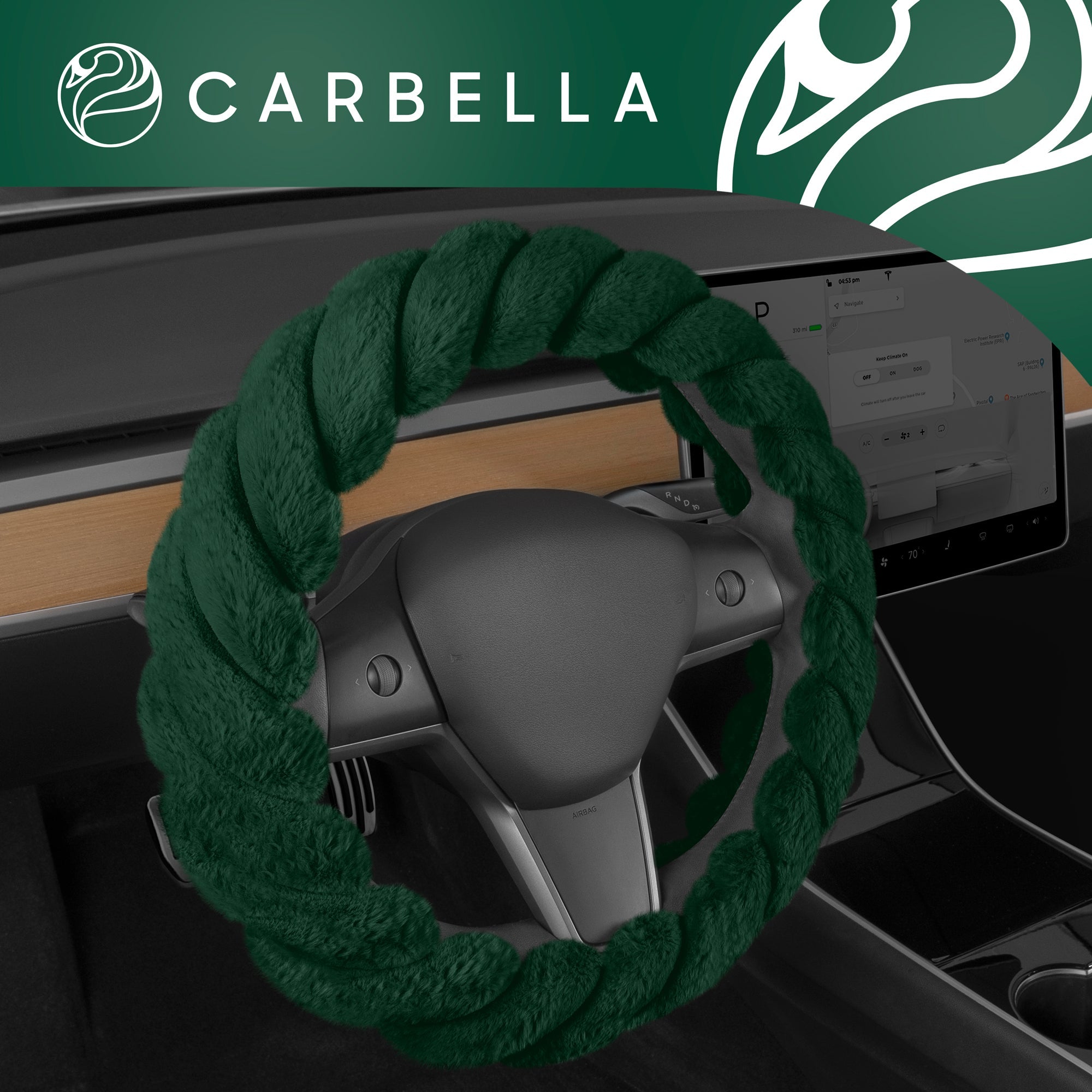 Carbella Twisted Fur Red Steering Wheel Cover, Standard 15 Inch Size Fits Most Vehicles, Fuzzy Fluffy Car Steering Cover with Soft Faux Fur Touch, Car Accessories for Women - Green