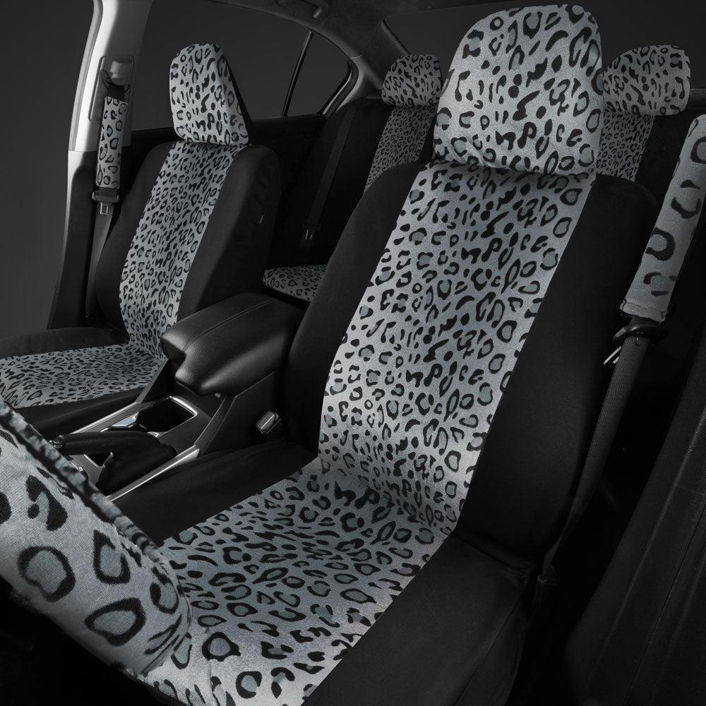 carXS Leopard Print Car Seat Covers Full Set, Includes Matching Seat Belt Pads and Steering Wheel Cover, Two-Tone Cheetah Print Gray Seat Covers for Cars for Women, Car Seat Protector Interior Covers