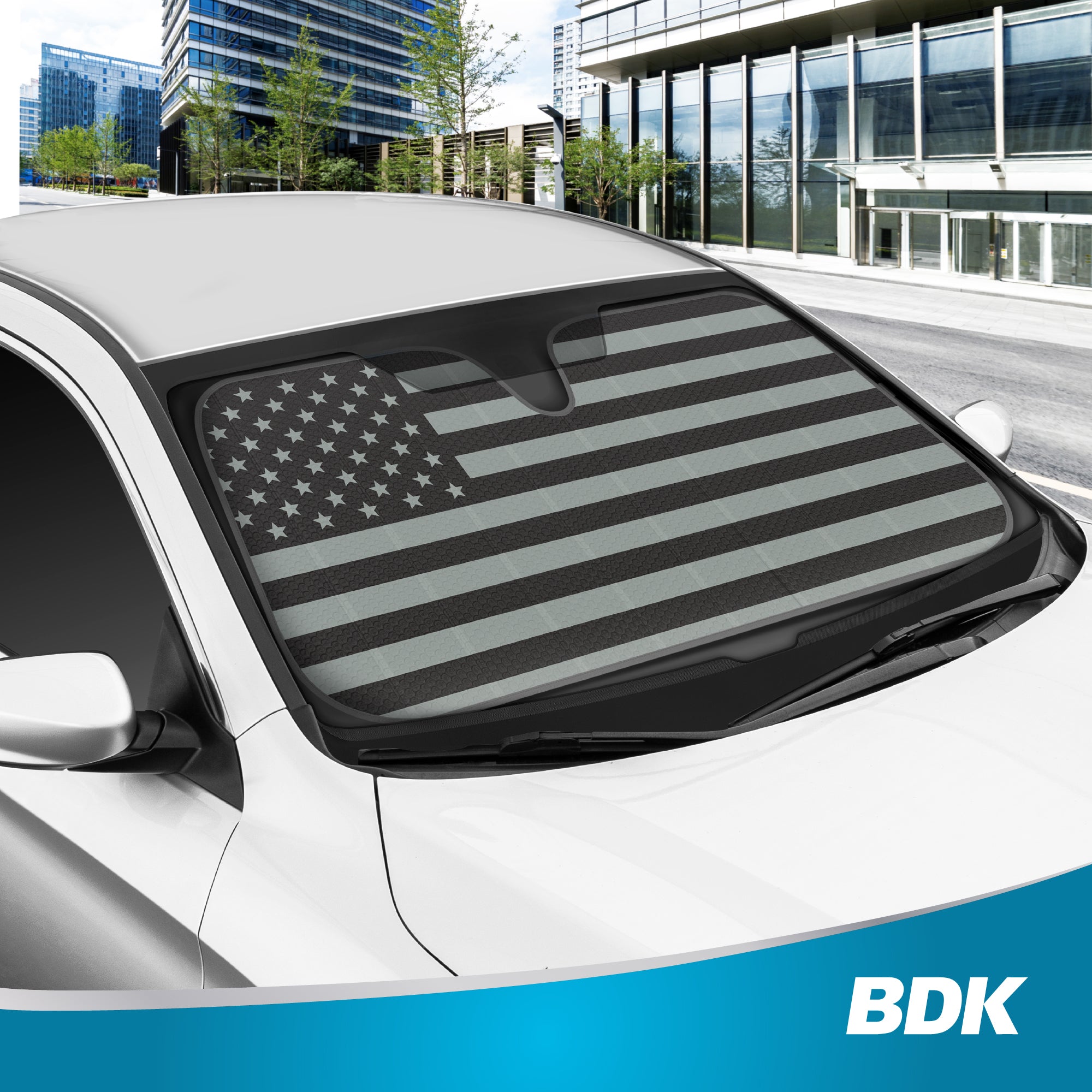 BDK Black USA Flag Front Windshield Sunshade (58" x 27")