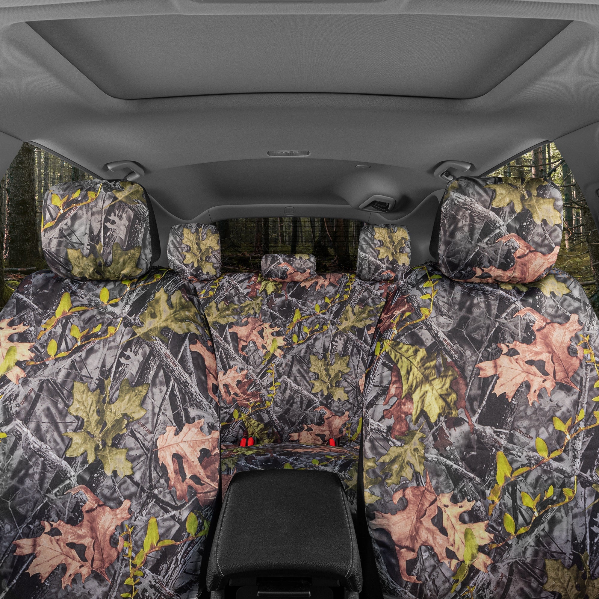 BDK Camo Car Seat Covers Full Set with Camo Car Floor Mats – Complete Interior Protection Set, Realistic Green Forest Camouflage Pattern, Camoflauge Interior Accessories for Auto Truck Van & SUV