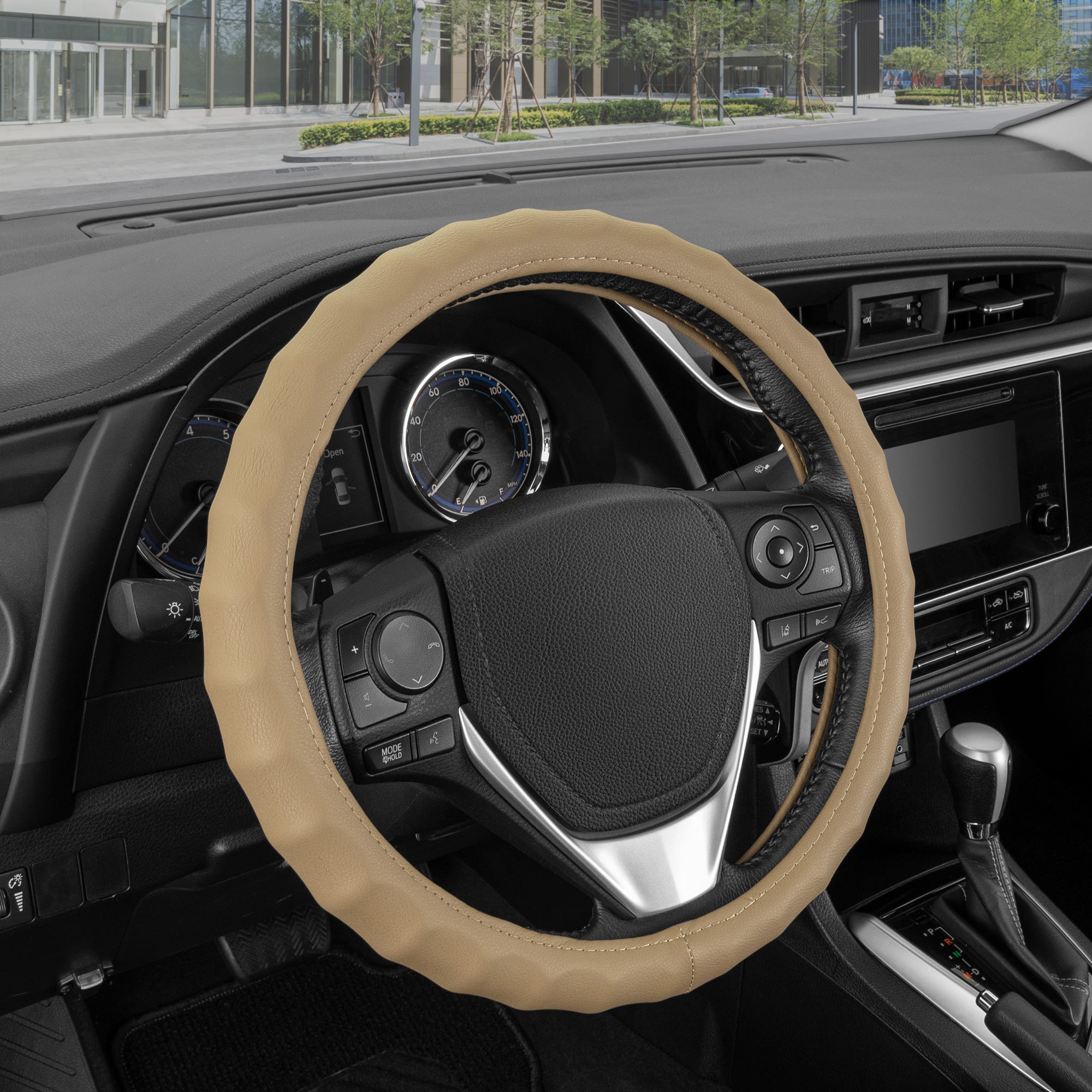 BDK Genuine Leather Ergonomic Non-Slip Grip Car Steering Wheel Cover Standard Size 14.5 to 15 inch - Black:#000000