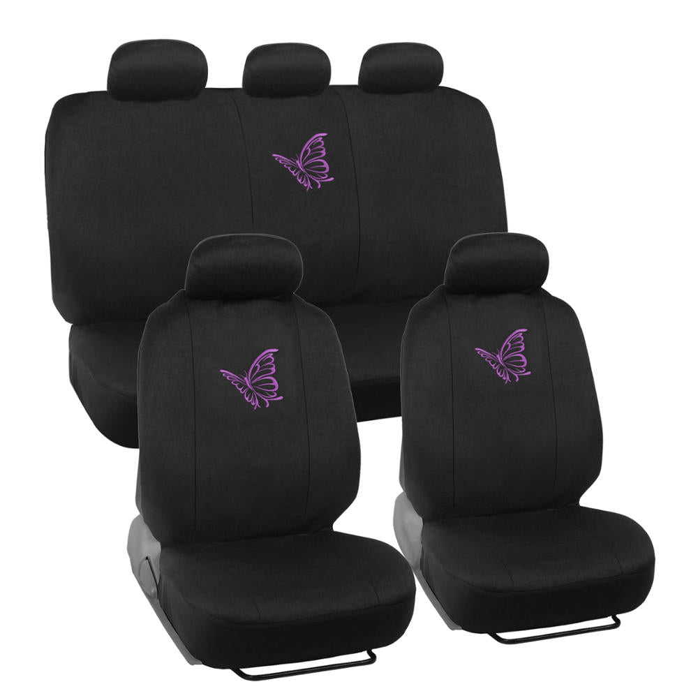 BDK Purple Butterflies Car Seat Covers for Women, Full Set with Steering Wheel Cover and Seat Belt Pads – Front and Rear Seat Covers for Cars with Matching Accessories, Fits Most Car Truck Van SUV - Purple:#7407B8