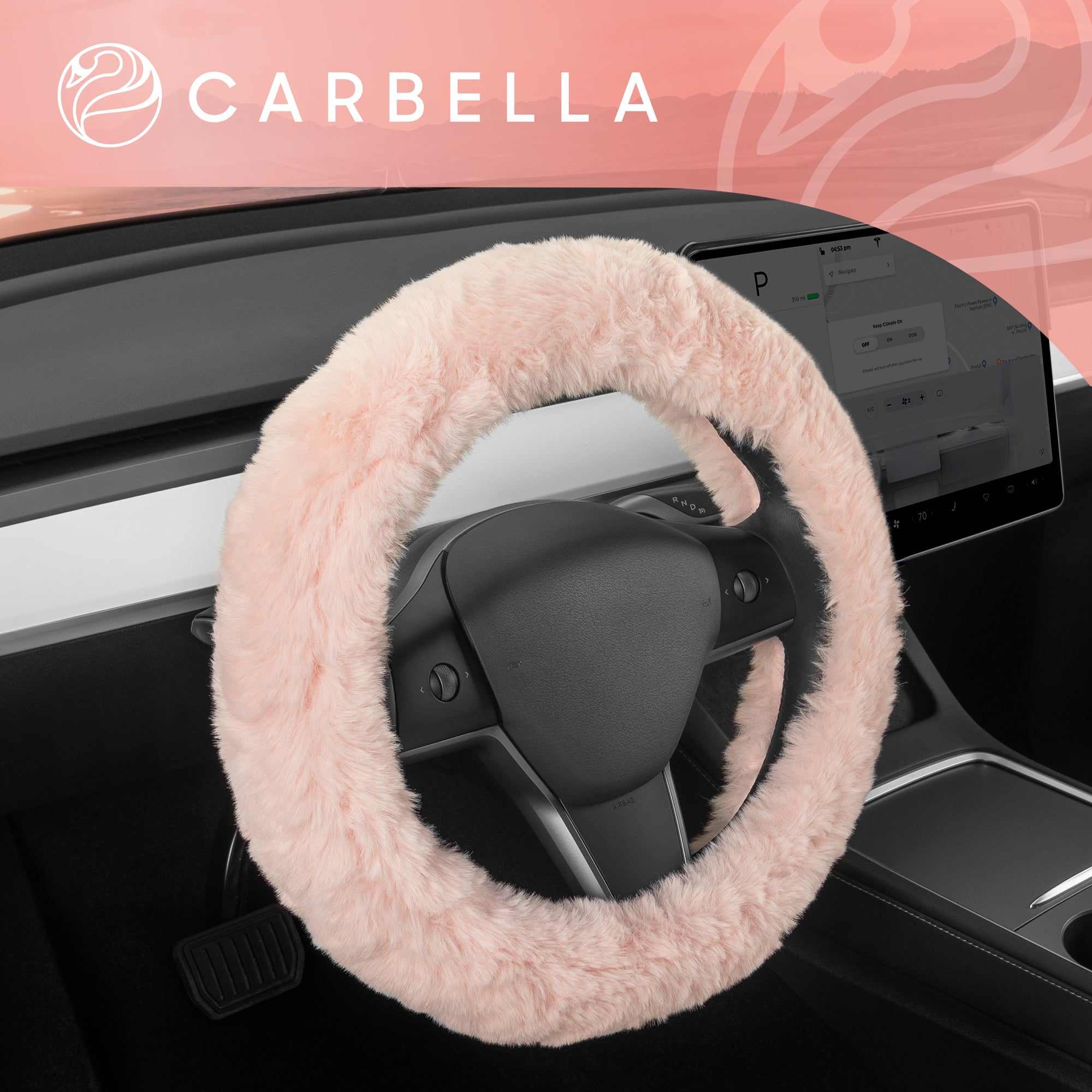 Carbella Soft Pink Fuzzy Steering Wheel Cover, Standard 15 Inch Size Fits Most Vehicles, Cute Faux Fur Car Steering Cover with Soft Fluffy Furry Touch, Car Accessories for Women