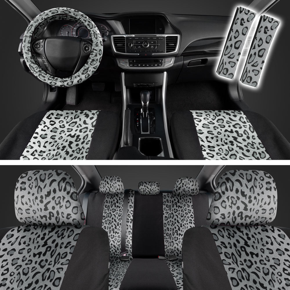 carXS Leopard Print Car Seat Covers Full Set, Includes Matching Seat Belt Pads and Steering Wheel Cover, Two-Tone Cheetah Print Gray Seat Covers for Cars for Women, Car Seat Protector Interior Covers