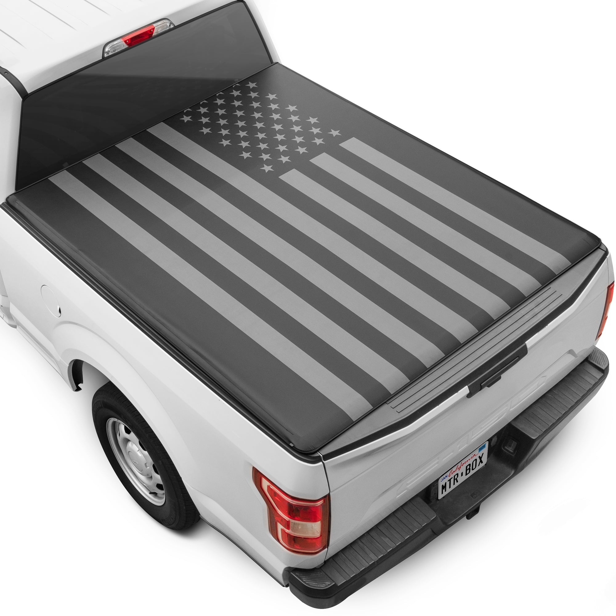 MotorBox USA Black American Flag Soft Roll-Up Retractable Tonneau Cover for Ram 1500 (2002 - 2023), Ram 2500 (2003 - 2020), Ram 3500 (2003 - 2020) - 6.4' bed