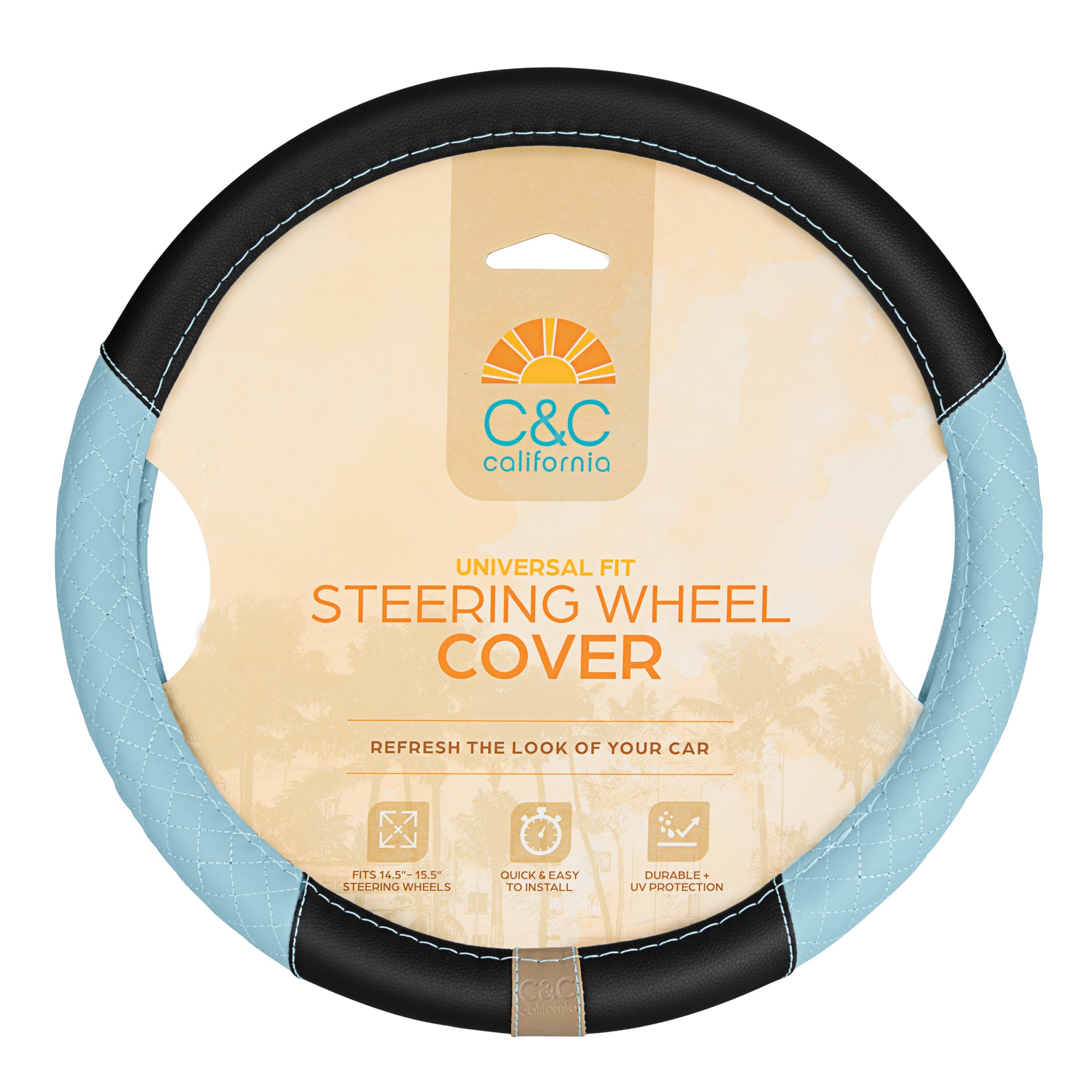 C&C California Car Steering Wheel Cover Blue Diamond Quilt, Non Slip Leather Steering Wheel Cover for Women Men, Cute Comfortable Soft Easy Installation Universal Fit (Fits 14.5"-15.5" Inches)