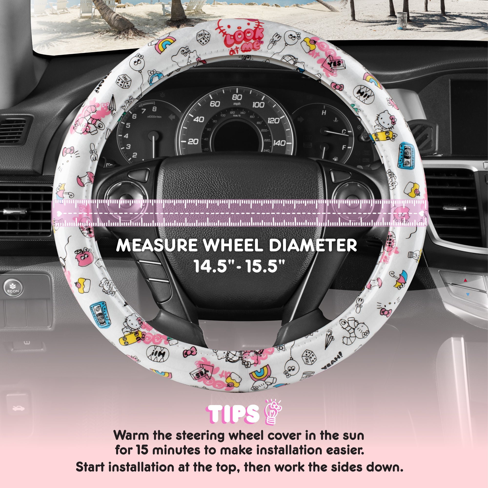Hello Kitty Steering Wheel Cover, Official Sanrio Car Steering Wheel Cover with Universal Size 14.5 - 15.5, Cute White Steering Wheel Cover for Women, Hello Kitty Car Accessories (Hello Kitty Look at Me)