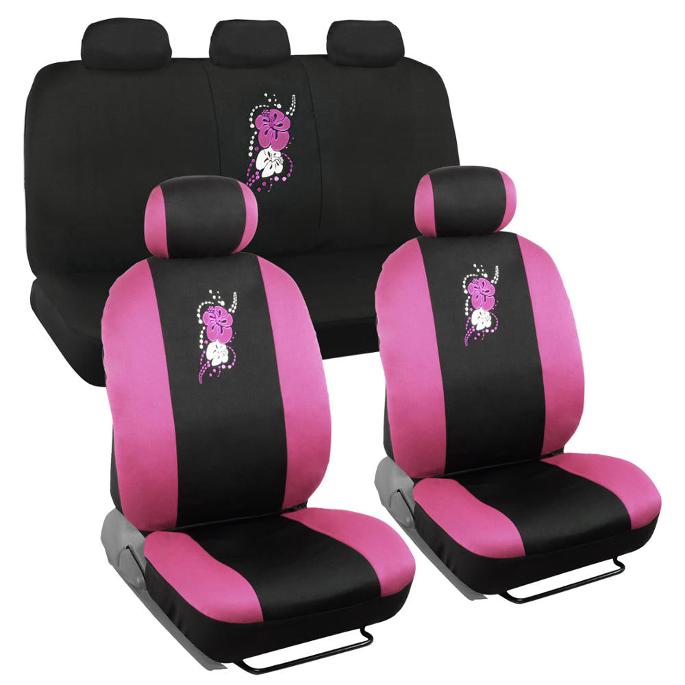 BDK SC-452-PK Pink Hawaiian Floral Design Seat Covers for Car, SUV - Car Accessory, W/Belt Pad, Steering Cover by 1 Pack, Pink Hawaiian Flower - Pink:#D769F0