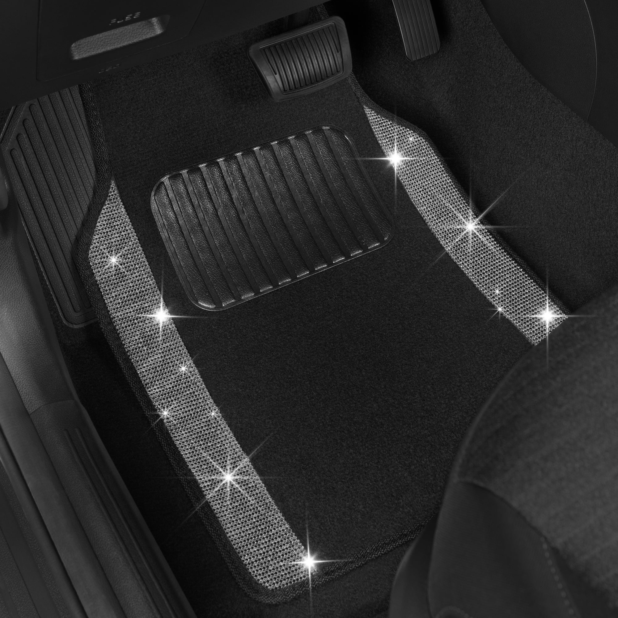 Carbella 4-Piece Diamond Bling Front Floor Mats and Rear Floor Mats - Silver