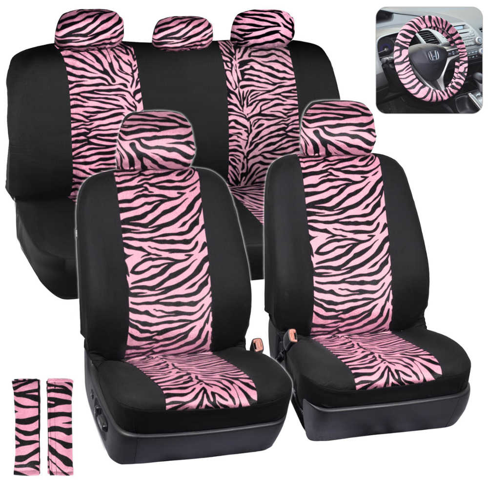 carXS Zebra Print Car Seat Covers Full Set, Includes Matching Seat Belt Pads and Steering Wheel Cover, Two-Tone Animal Print Pink Seat Covers for Cars for Women, Car Seat Protector Interior Covers