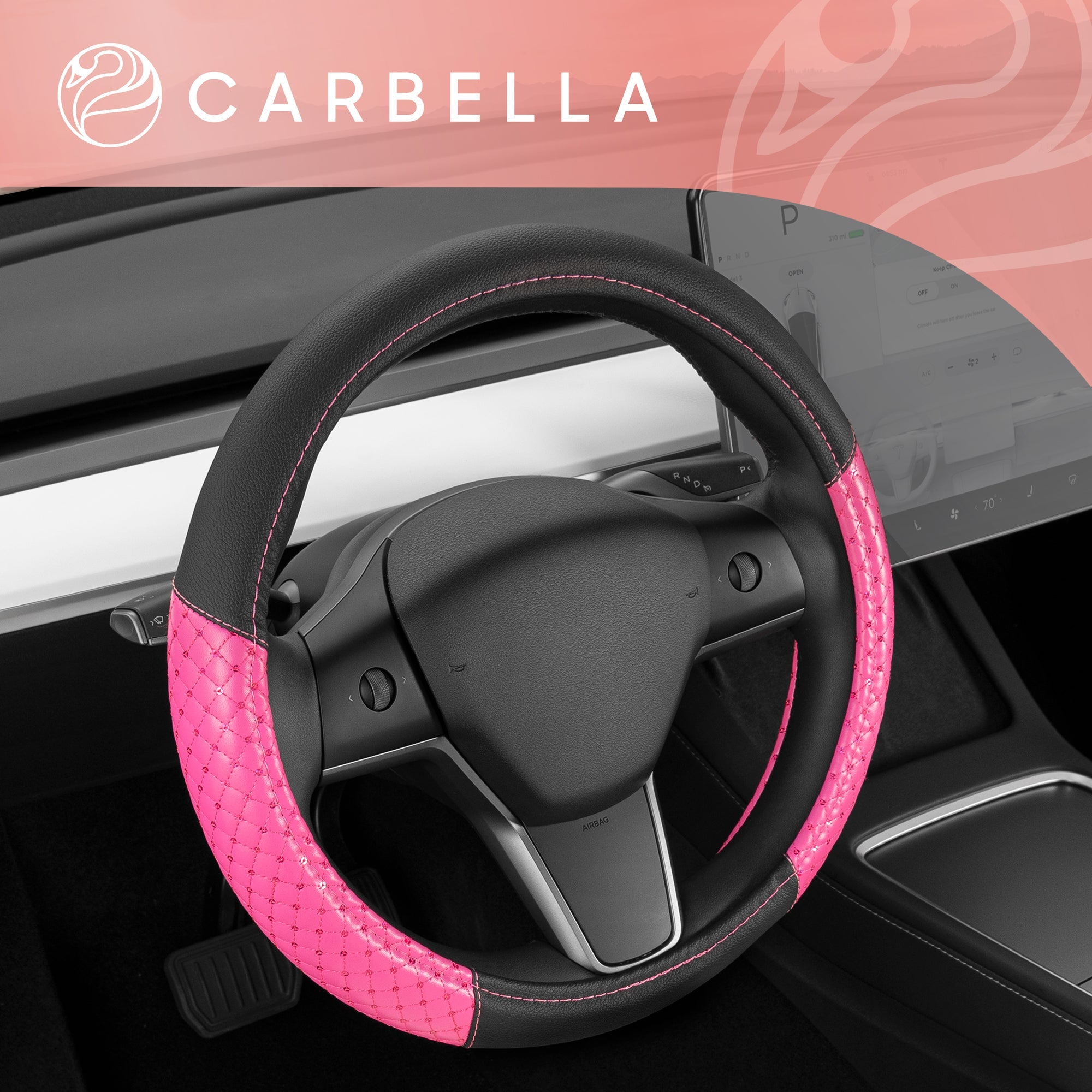 Carbella Pink Sequin Bling Steering Wheel Cover, Standard 15 Inch Size Fits Most Vehicles, Cute Faux Leather Car Steering Cover with Diamond Rhinestone Glitter Like Detail, Car Accessories for Women - Pink:#FF6BB0