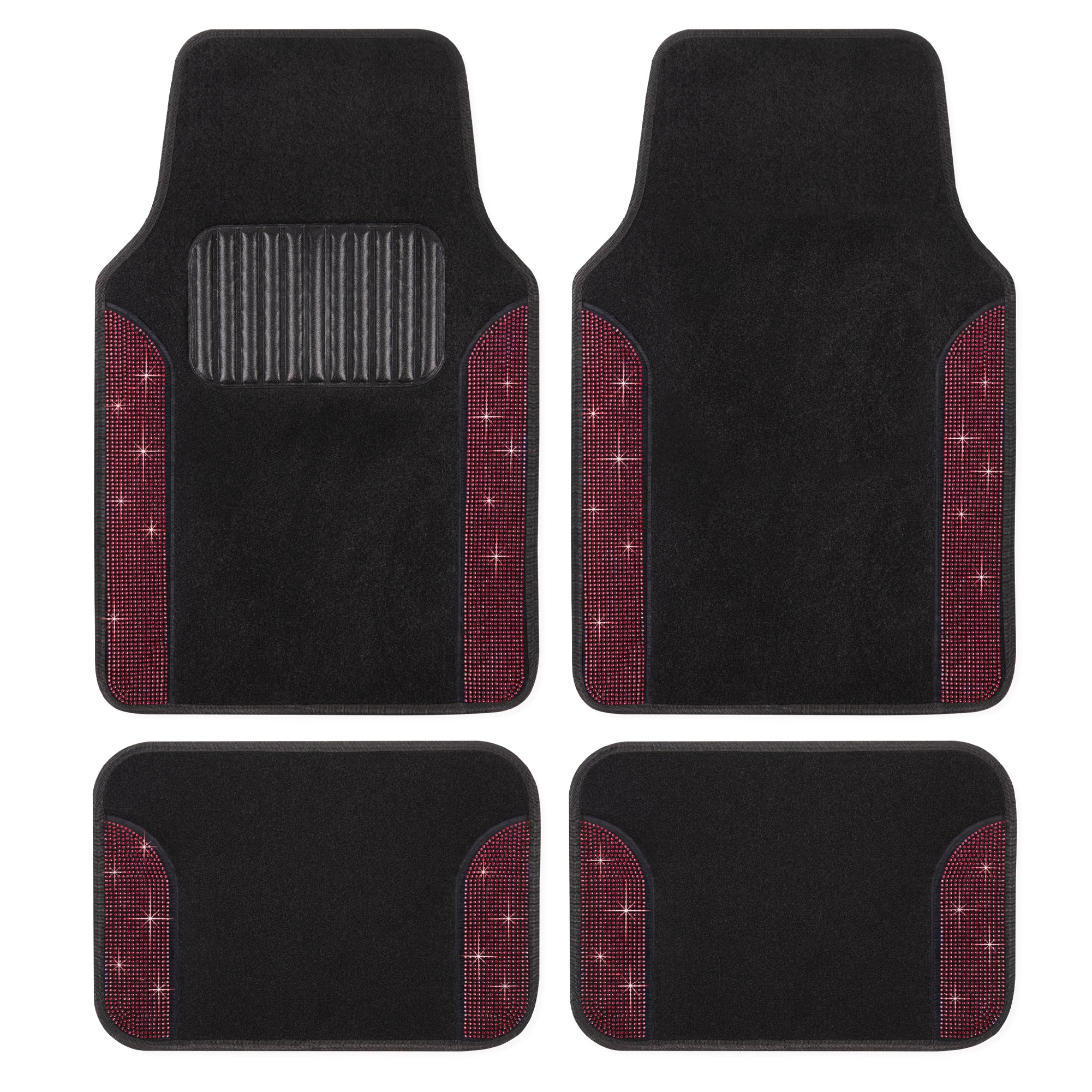 Carbella 4-Piece Diamond Bling Front Floor Mats and Rear Floor Mats - Red